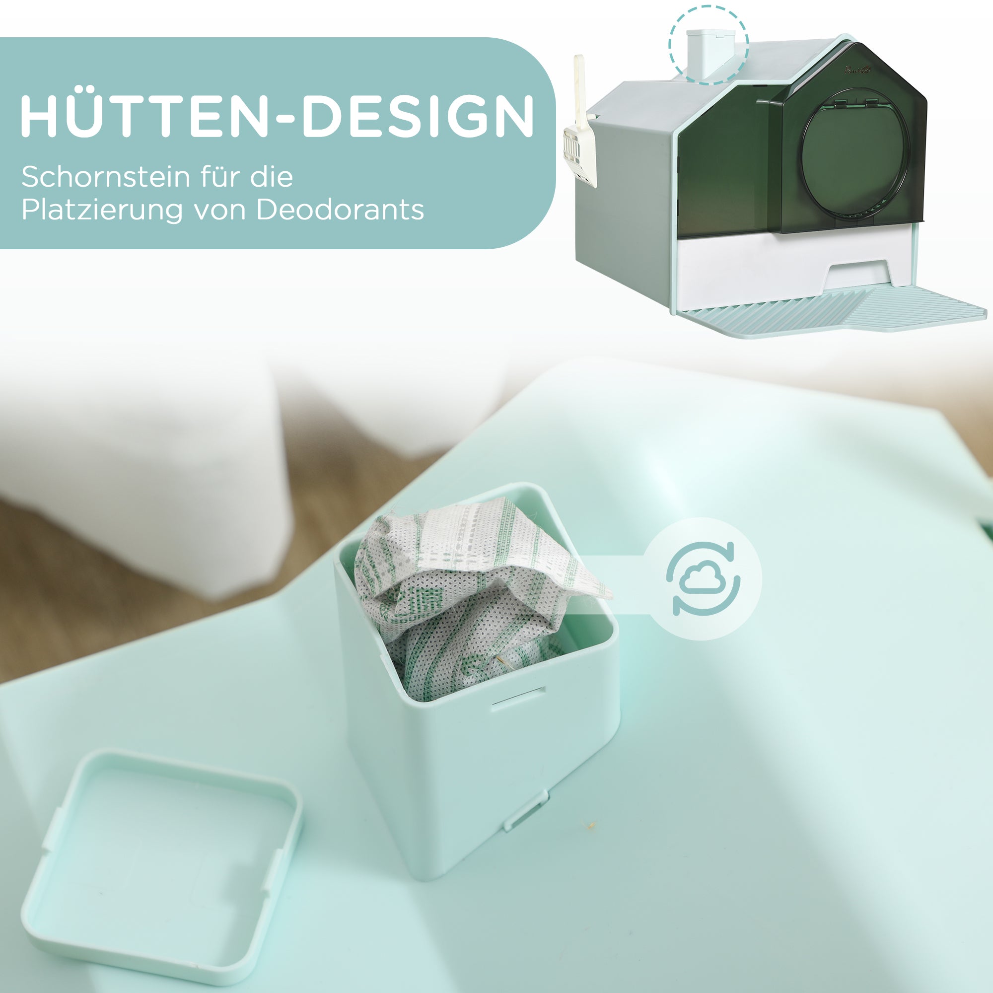 PawHut Katzentoilette Katzenklo, Hütten-Design, 1 Siebvorleger, 1 Streuschaufel, herausnehmbare Bodenwanne, Grün + Weiß