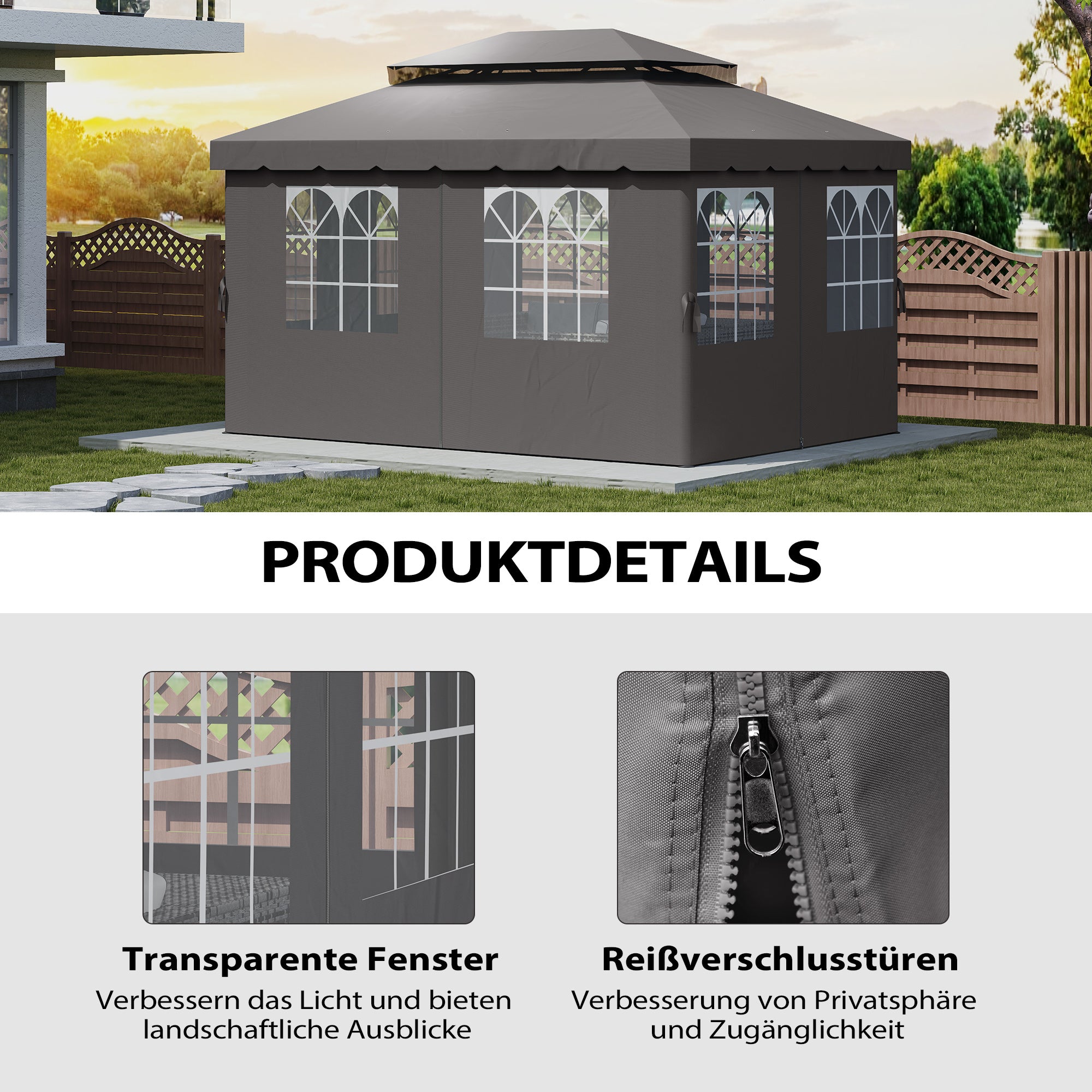 Outsunny Pavillon-Seitenwände, 4 Seitenwand-Paneele für Gartenpavillon, mit Reißverschluss, 3 x 4 m Pavillon, Dunkelgrau