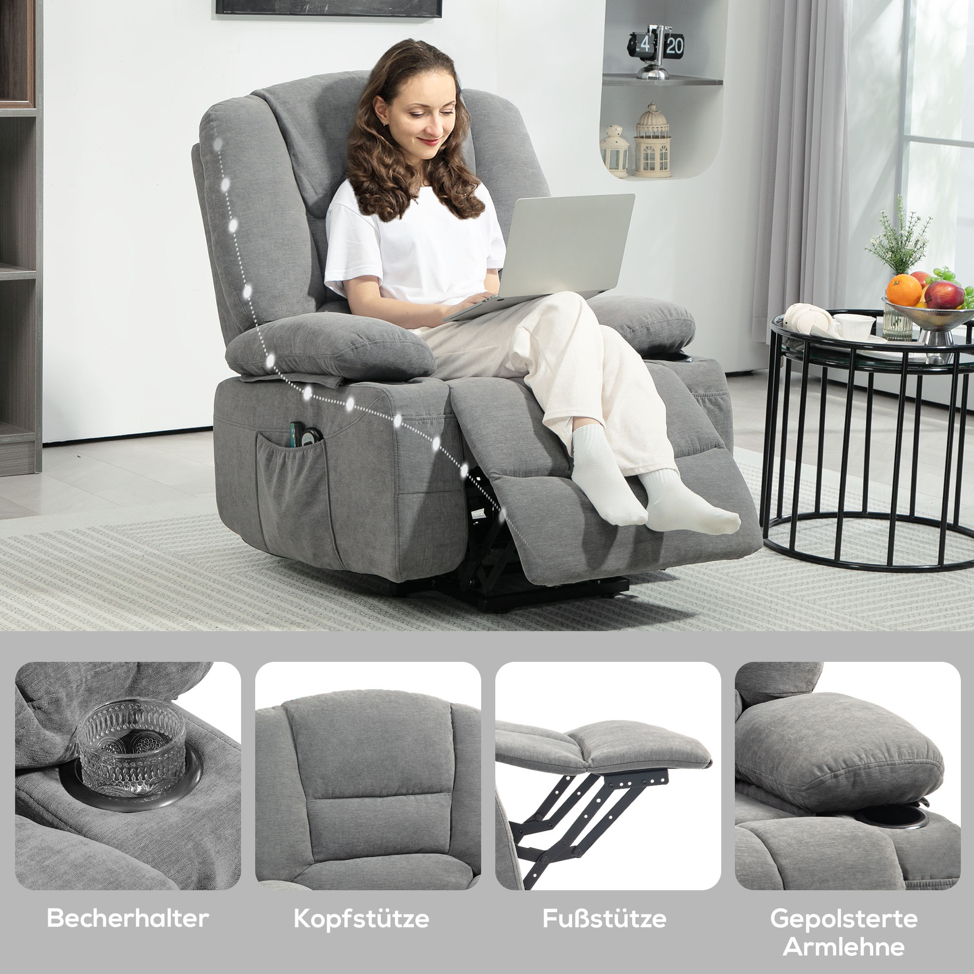 HOMCOM Elektrischer Relaxsessel mit Aufstehhilfe, Massagesessel mit Wärmefunktionen, 2 Fernbedienungen, weicher Schaumstoff