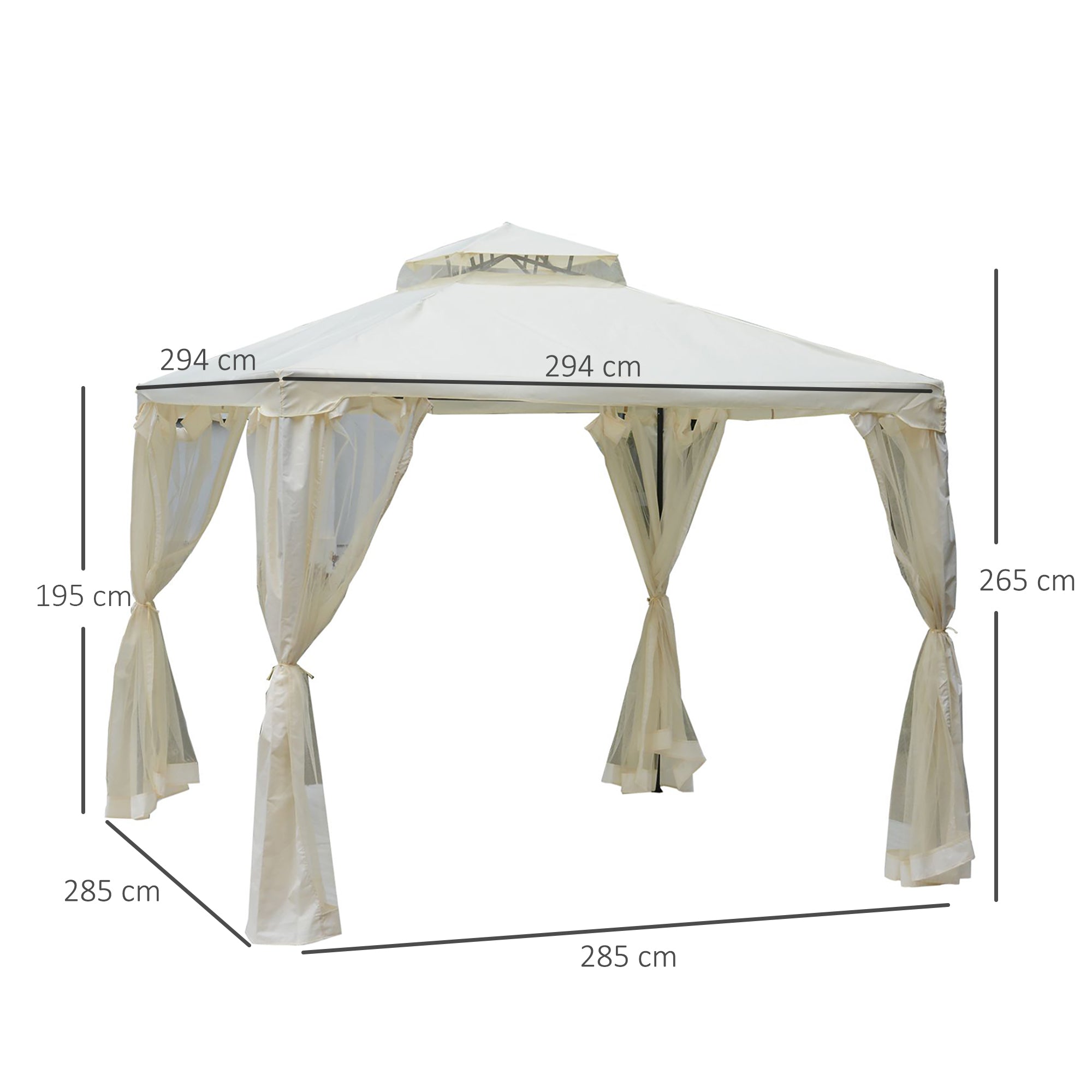 Outsunny Pavillon mit Doppeldach, ca. 3x3 m Wasserdicht Stabil Winterfest Gartenpavillon mit Moskitonetz, Seitenteile, Garten-Pavillon aus Metall, für Garten, Terrasse, Cremeweiß