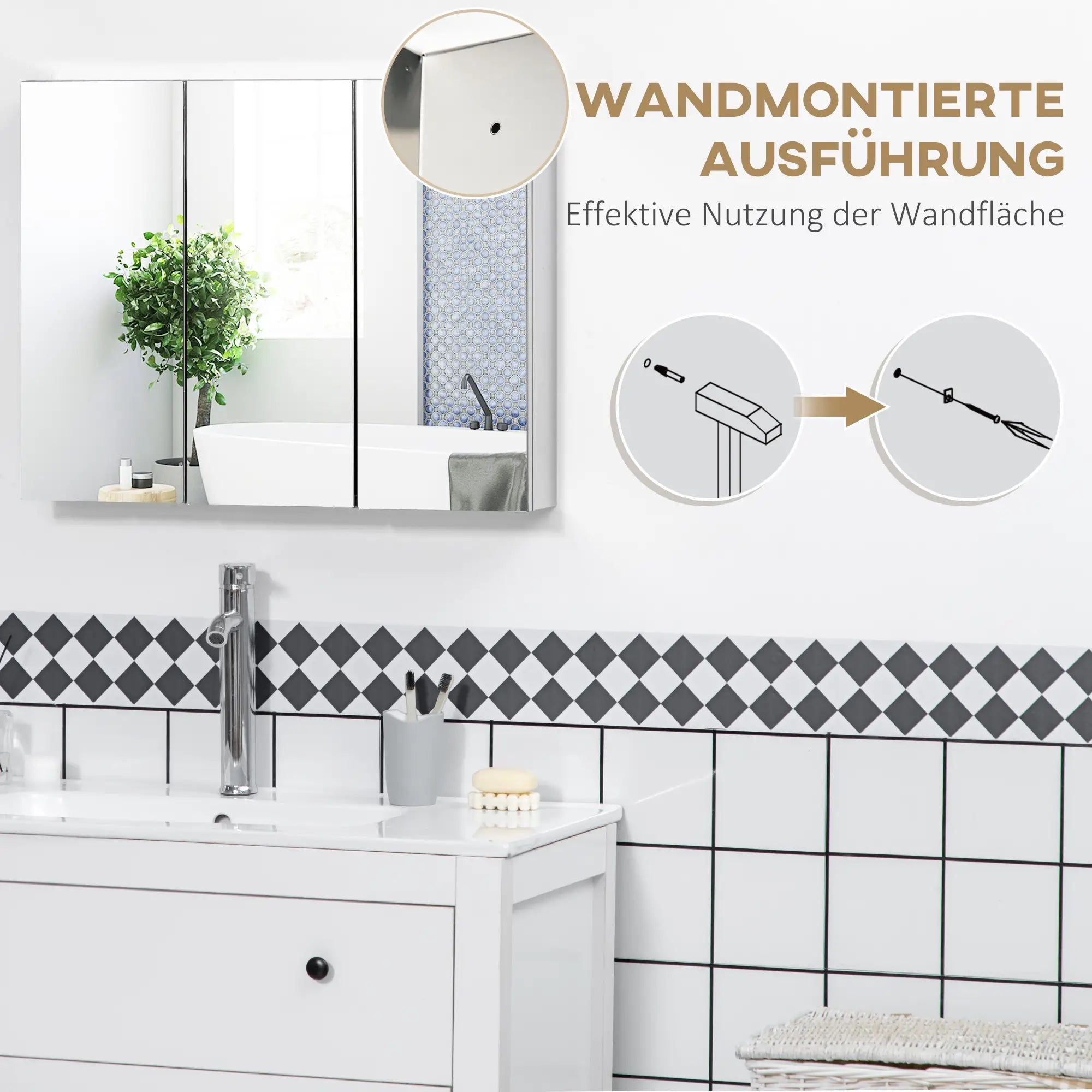 kleankin Spiegelschrank Badezimmerschrank Wandmontage Spiegeltüren Edelstahl