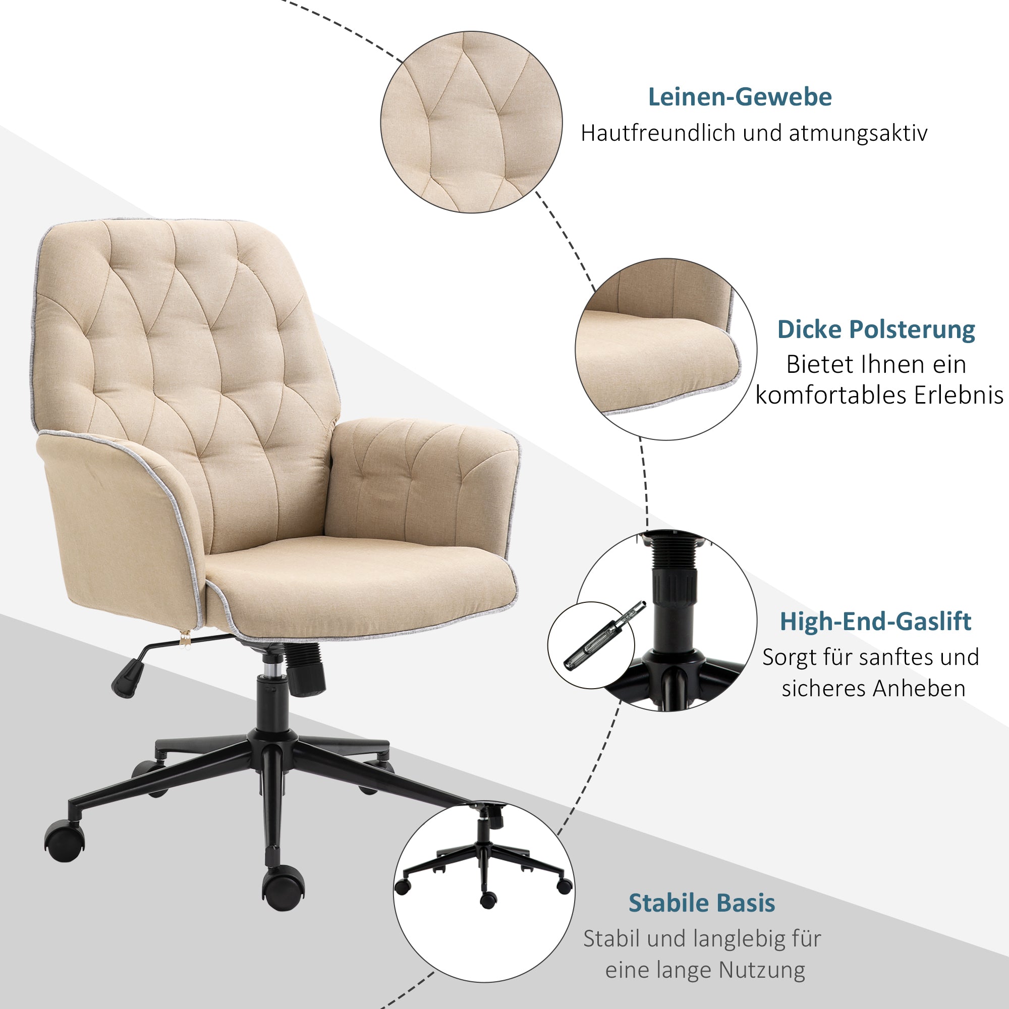 Vinsetto Bürostuhl mit Wippfunktion Drehstuhl Home-Office-Stuhl höhenverstellbarer Schreibtischstuhl Computerstuhl Arbeitsstuhl mit Armen 360°-Drehräder Schaumstoff Beige 66 x 69 x 89,5-97 cm