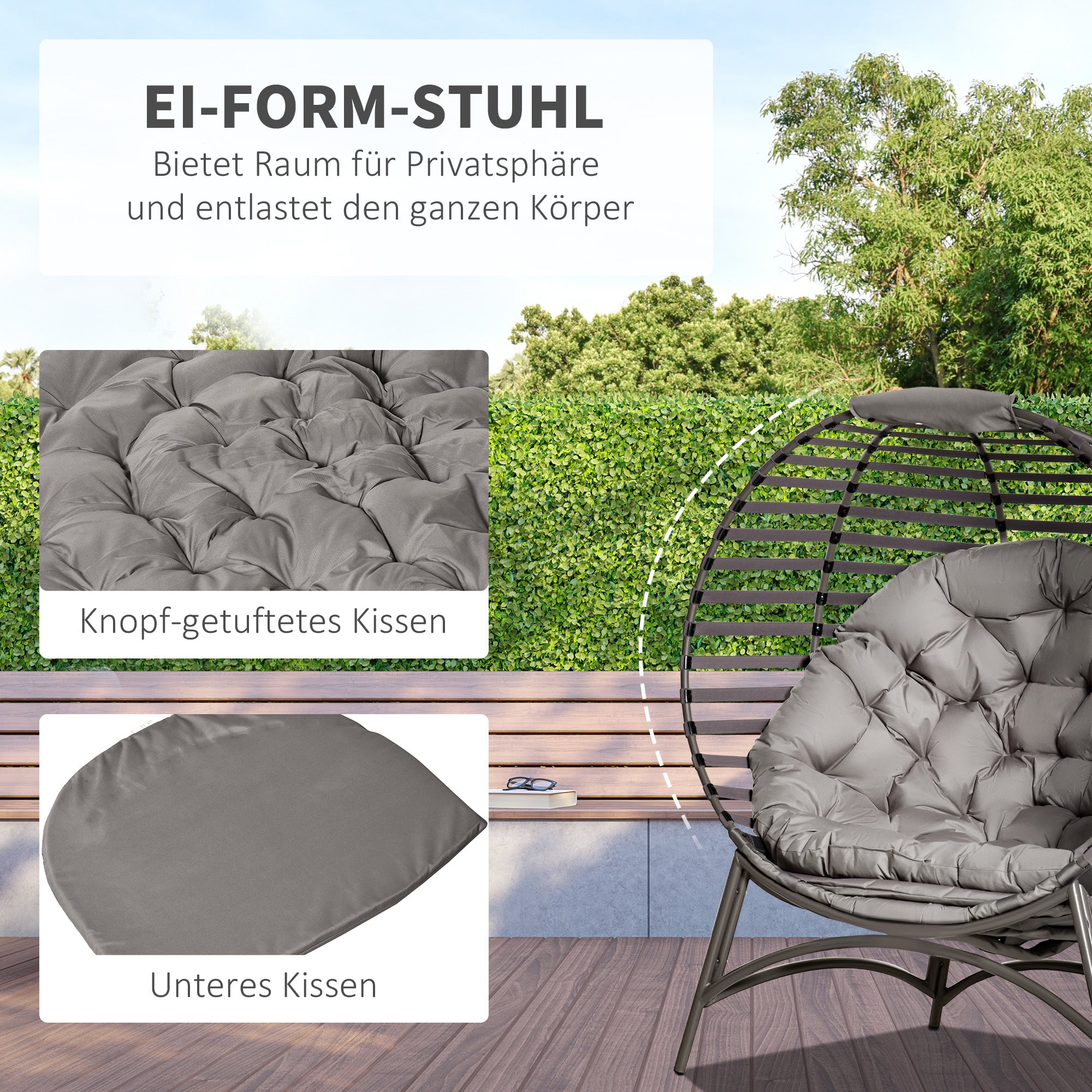 Outsunny Papasansessel Gartenstuhl 2Korb-Stuhl mit Kissen oval Loungesessel Korb faltbar Balkon Terrasse Outdoor/Indoor Sandbraun Stahl 118 x 75 x 139 cm