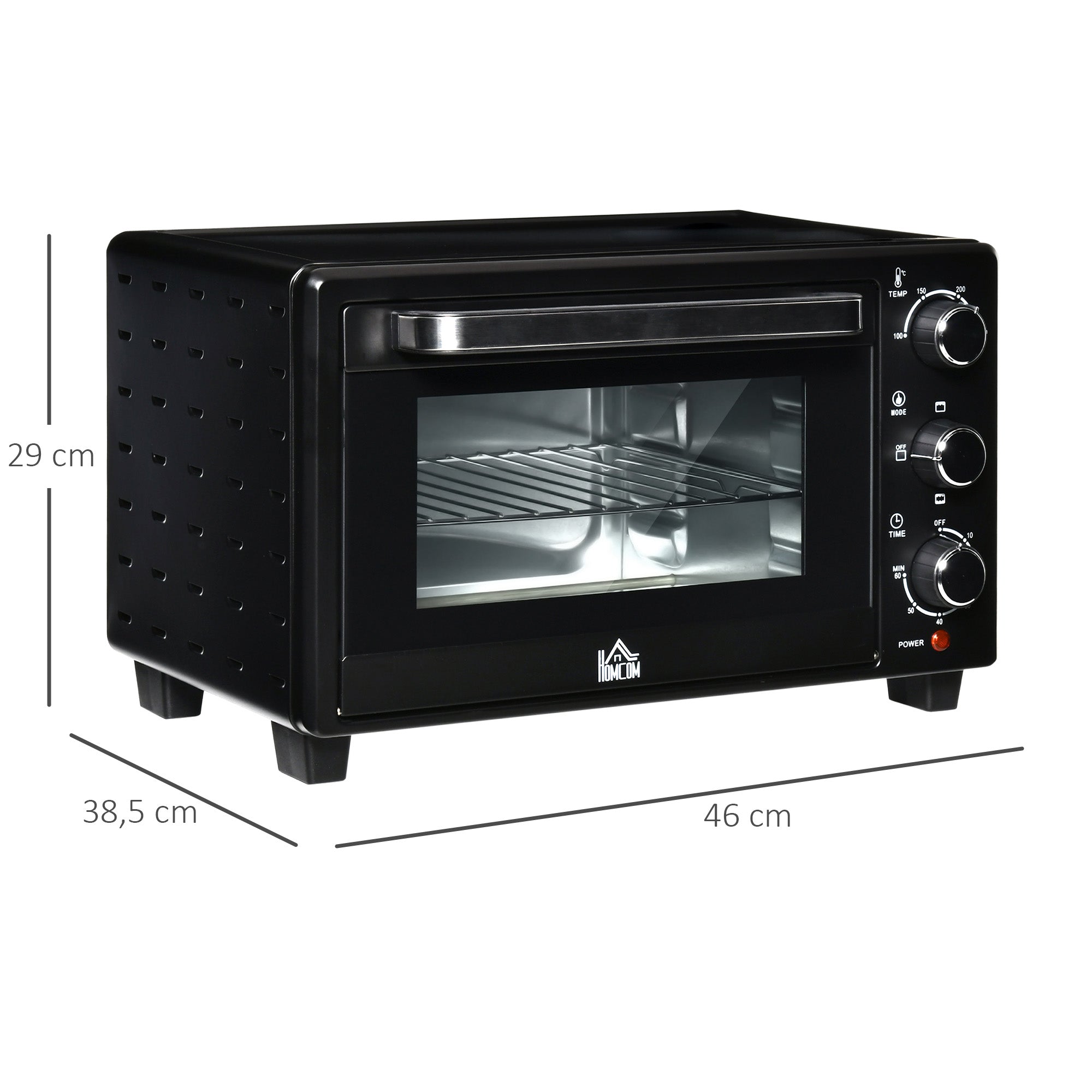 HOMCOM Minibackofen, 21 L Toasterofen mit 1 Drahtgestell und 1 Backblech, 3 Kochmodi, 100 °C-230 °C, Edelstahl, Glas, Schwarz