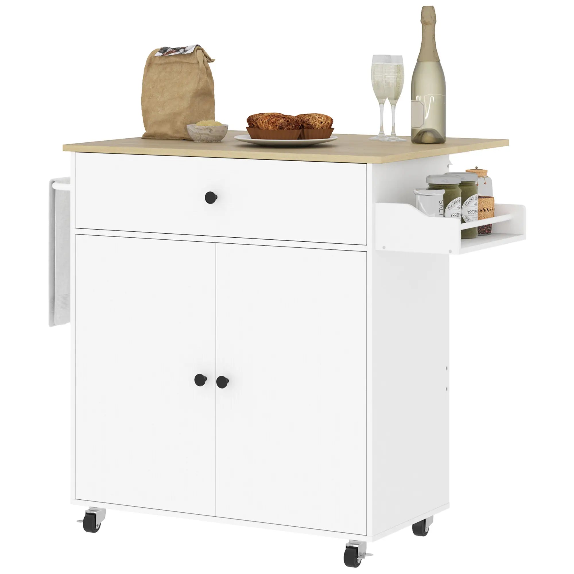 HOMCOM Küchenwagen mit Schublade, Schrankfach, Handtuchstange, 106 x 42 x 87 cm, Weiß/Eiche