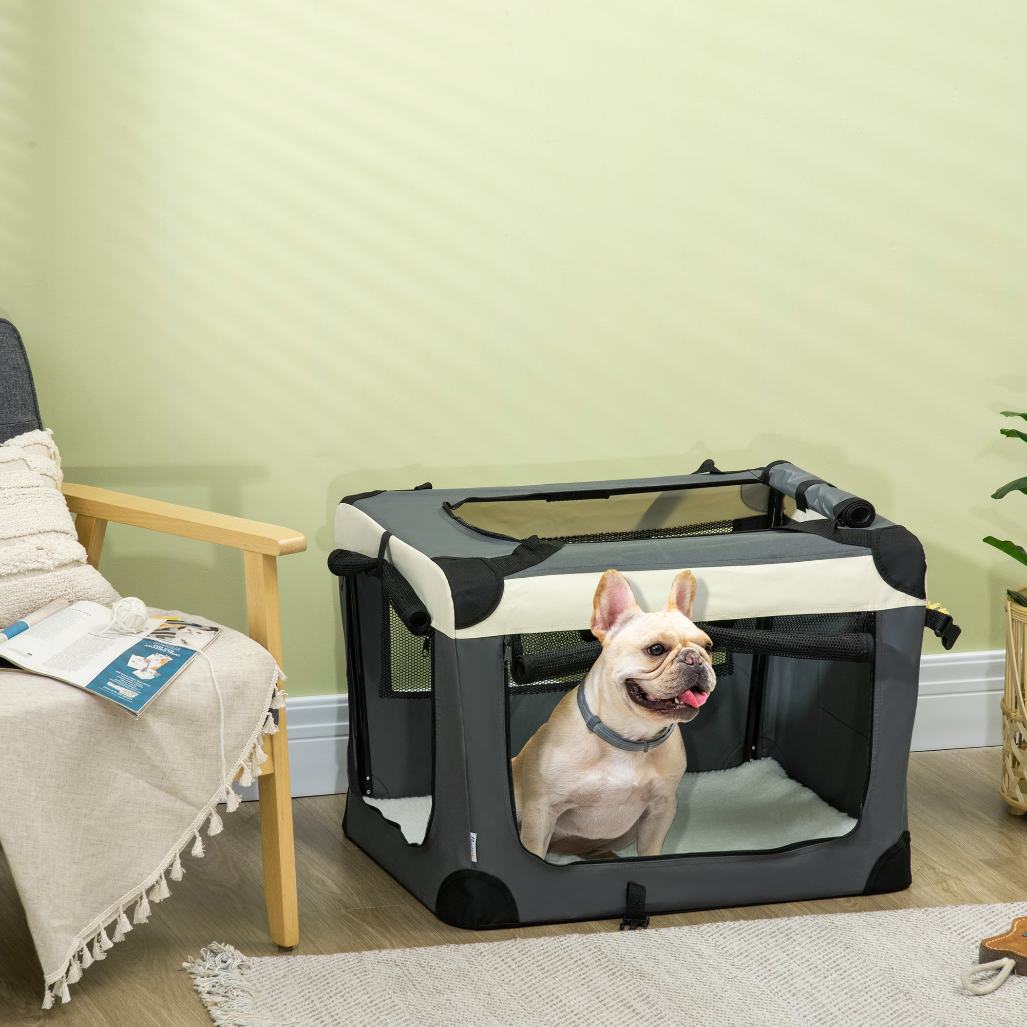 PawHut Transporttasche, Transportbox, für Katzen und kleine Hunde, faltbar, 3 Türen, grau, 70 x 51 x 50cm