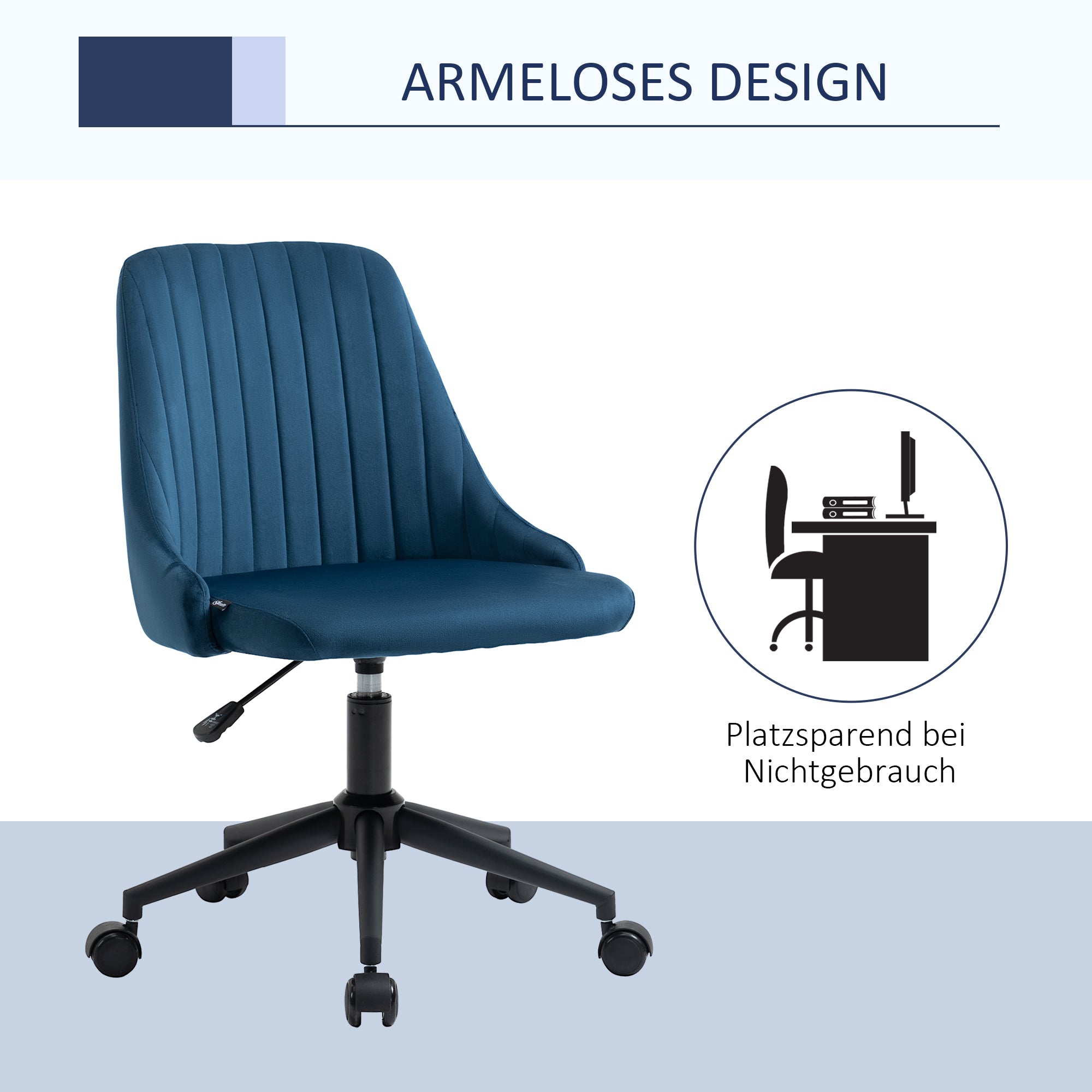 Vinsetto Bürostuhl Drehstuhl Schreibtischstuhl Ergonomisches Liniendesign höhenverstellbar 360° drehbar Schaumstoff Samtartiges Polyester Blau 50 x 58 x 77-87 cm