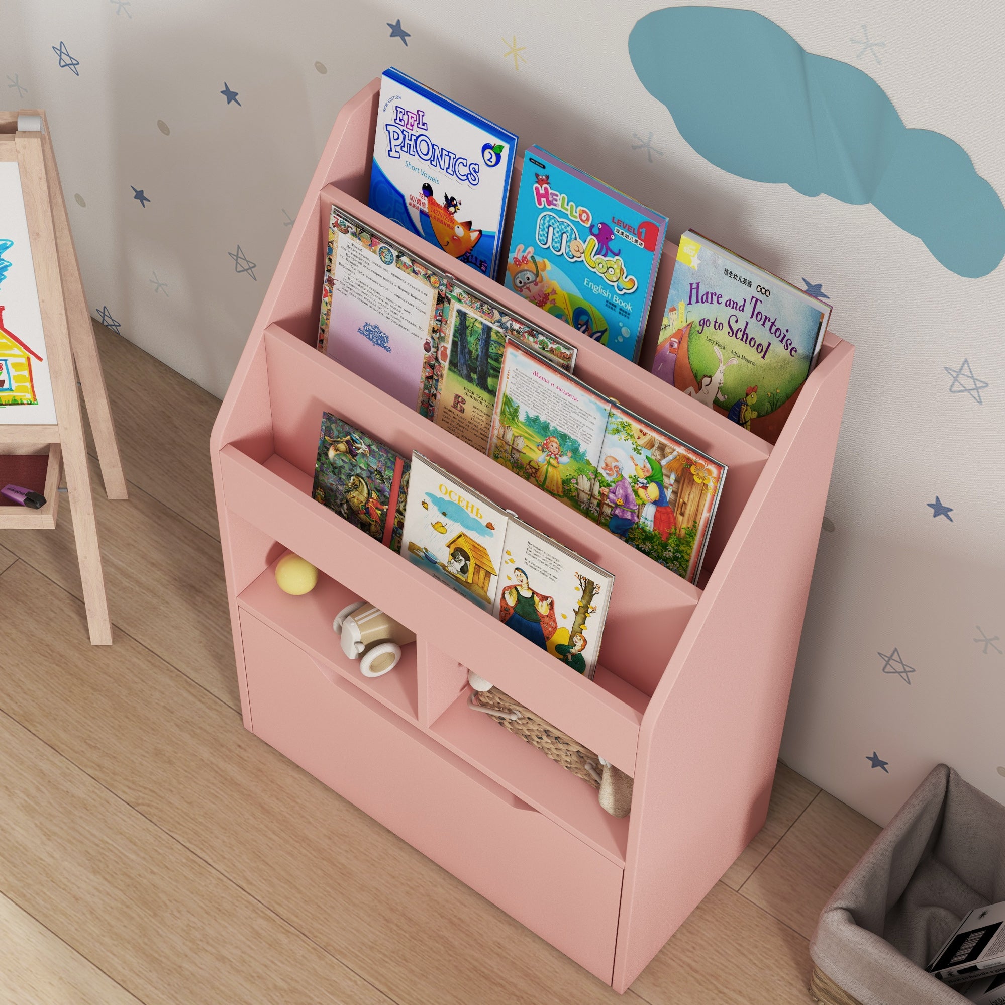 HOMCOM Kinderregal mit Schublade, Bücherregal mit Fächern, 60 x 29,9 x 90 cm, Rosa
