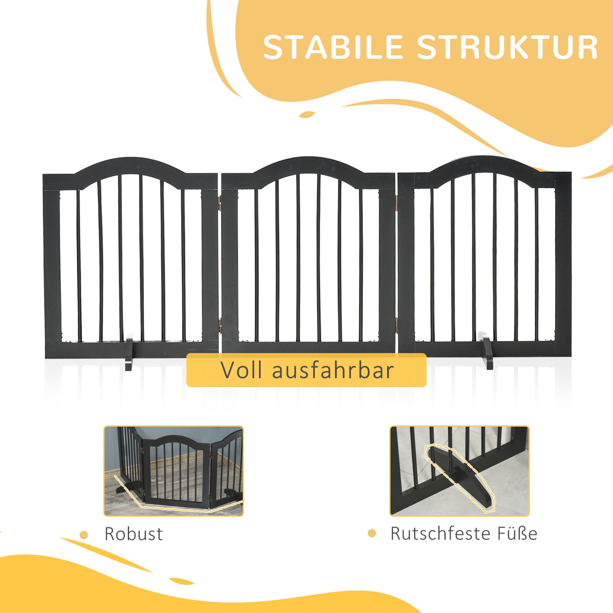 PawHut Absperrgitter Hund 3-teilig, 154,5 x 61 cm Faltbar Hundegitter mit Tür, Türschutzgitter mit 2 Stützfüßen, Freistehend Treppengitter für Küche, Flur, Schwarz