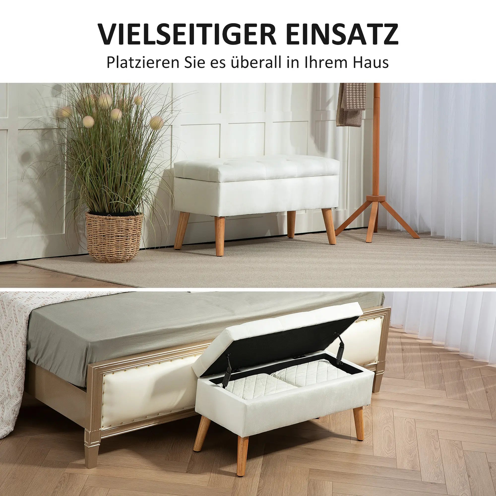HOMCOM Polsterbank mit Stauraum, Stoffbezug in Samtoptik, Holzbeine, für Wohnzimmer, Schlafzimmer, Flur, 80 x 35 x 40 cm, Weiß