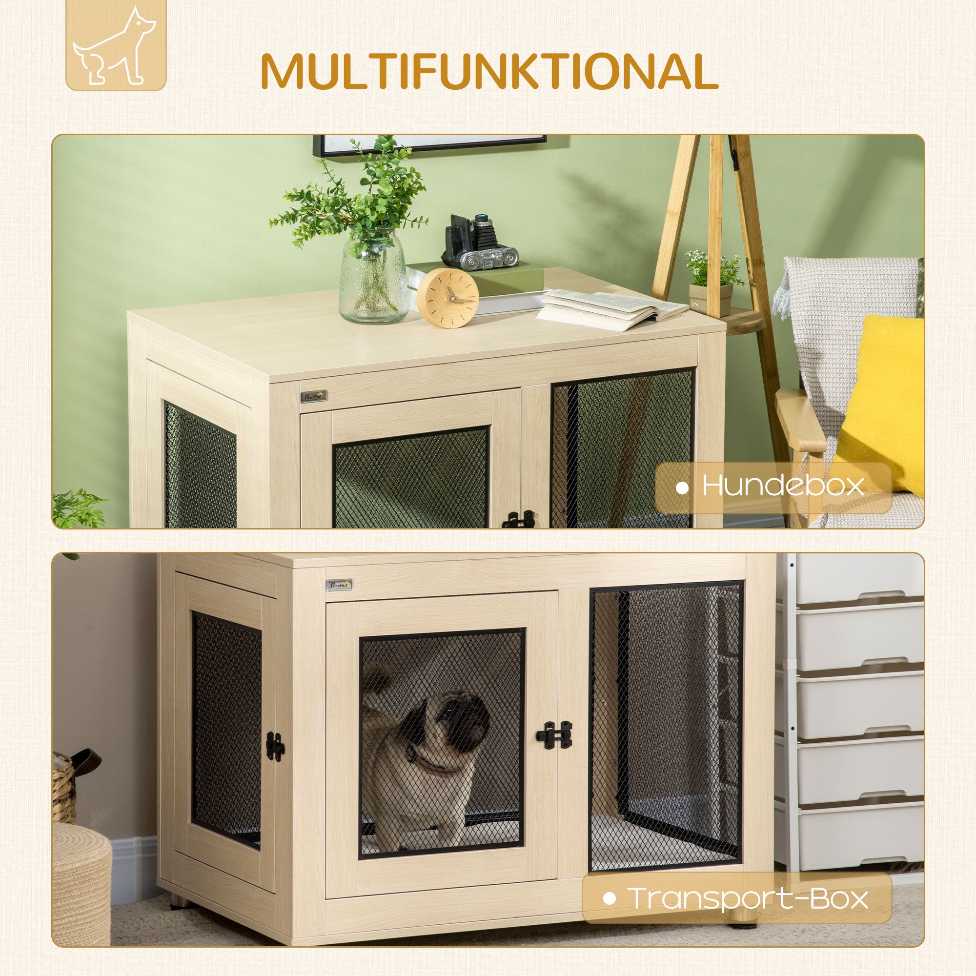 PawHut Hundebox Hundekäfig, Modernes Design, verriegelbar, 2 Türen, 94 cm x 60 cm x 71,5 cm, Natur + Schwarz