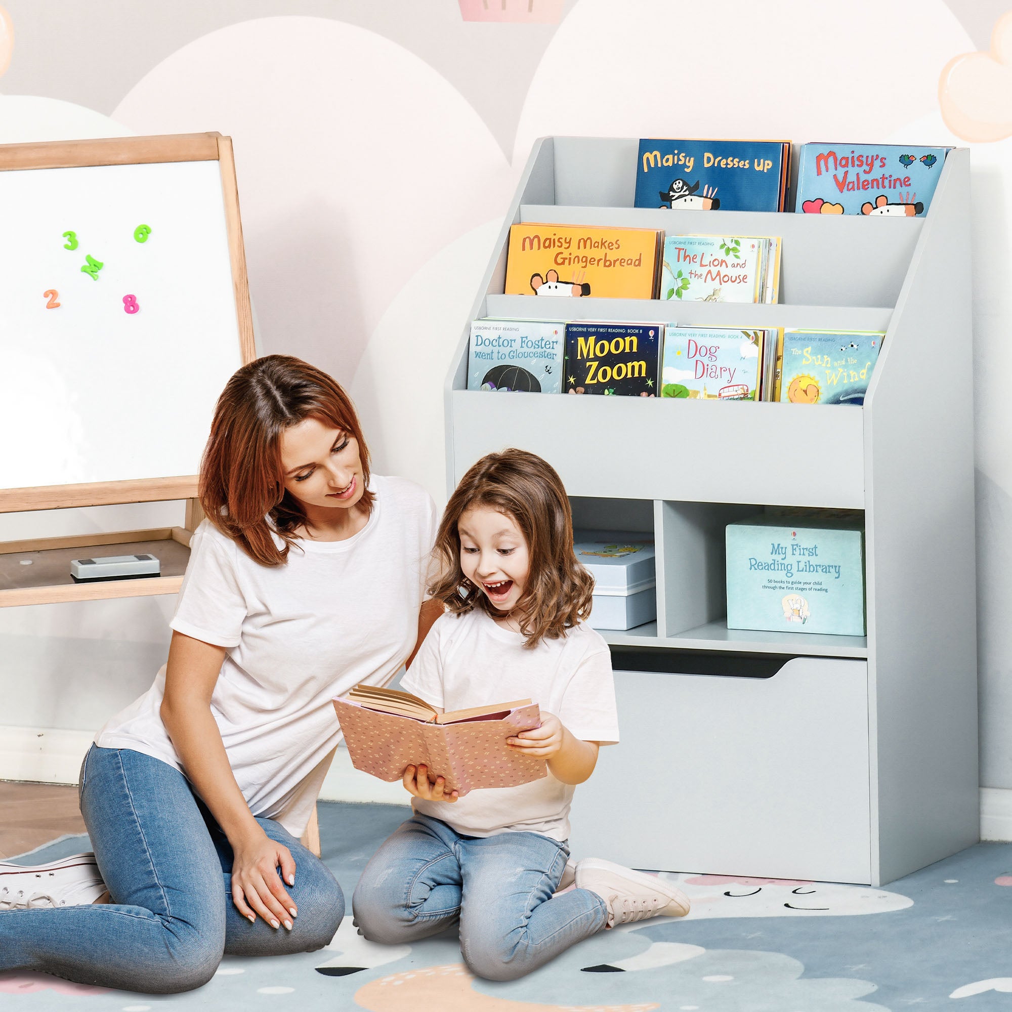 HOMCOM Kinderregal mit Schublade, Bücherregal mit Fächern, 60 x 29,9 x 90 cm, Grau