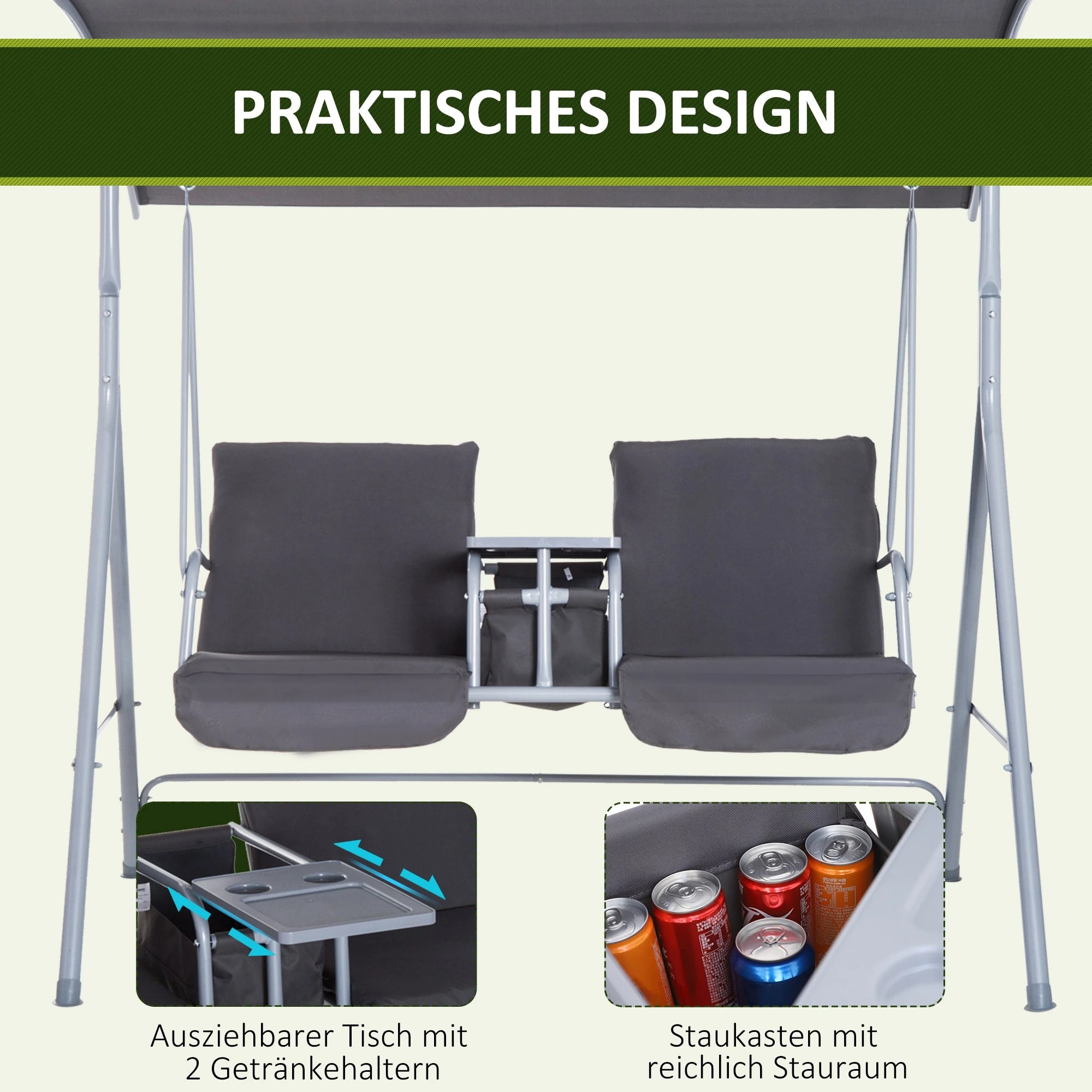 Outsunny Hollywoodschaukel 2-Sitzer mit Sonnendach Becherhalter