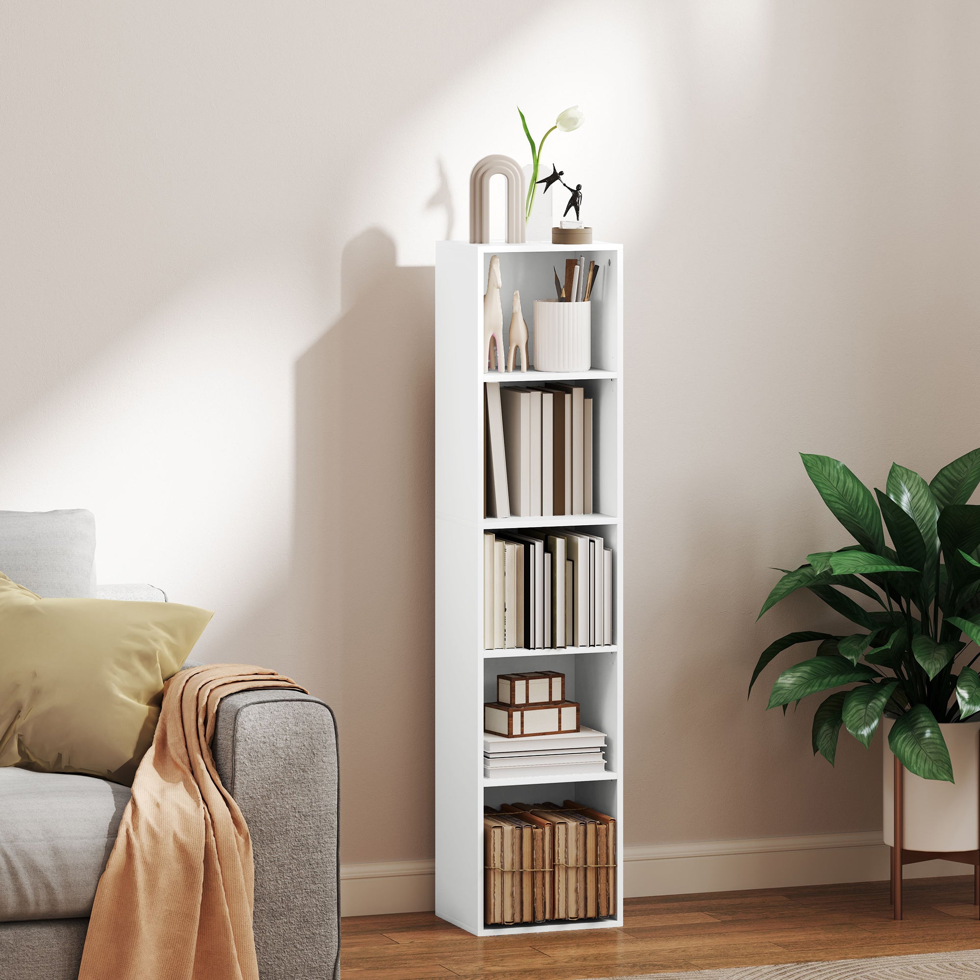 HOMCOM Bücherregal, 5 Fächer, verstellbare Regale, Holz, 30 x 24 x 133,5 cm, Weiß