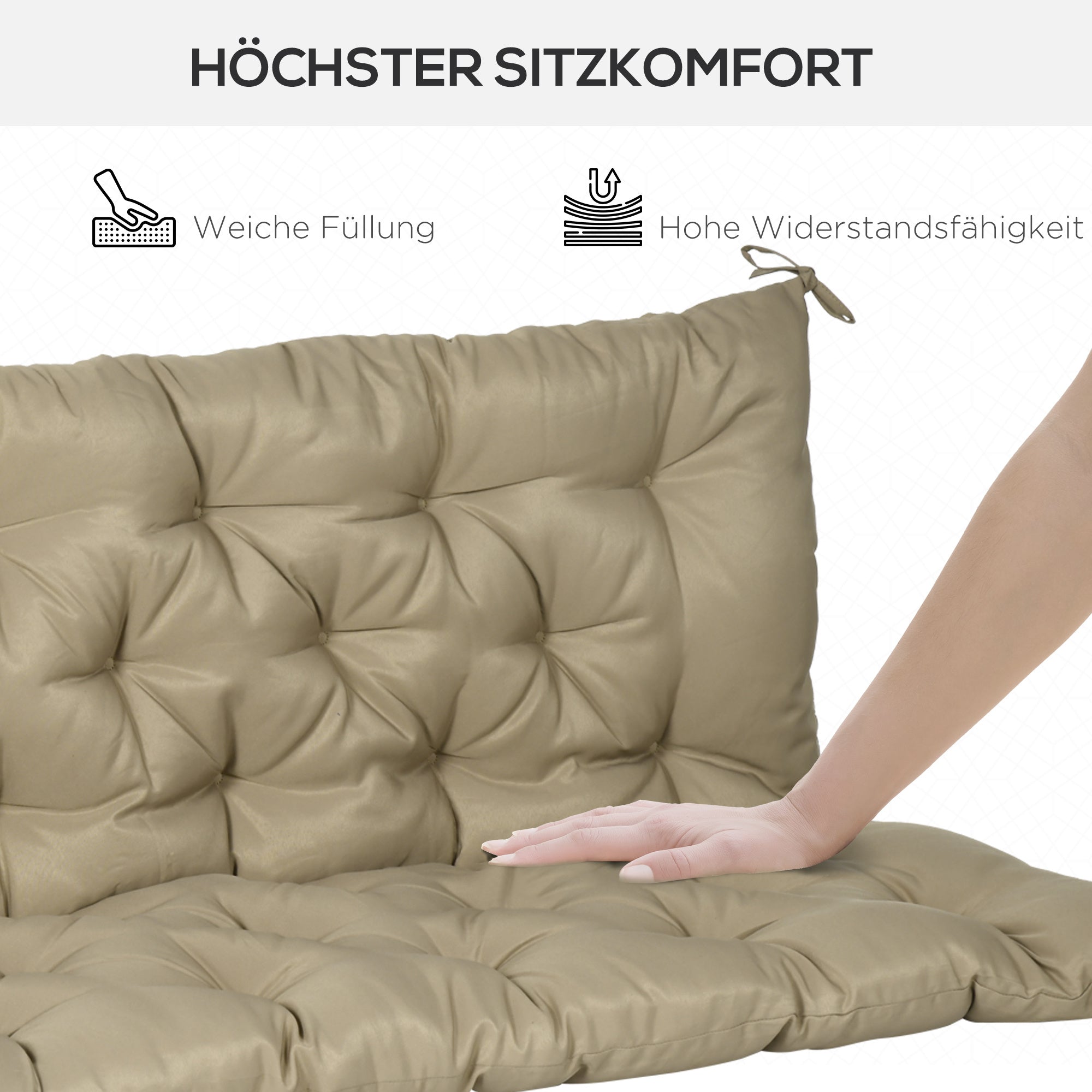 Outsunny 3 Sitzer Bankauflage 150x98x8 cm Bankkissen mit Bändern, Bankpolster für Gartenmöbel Hollywoodschaukel, Khaki