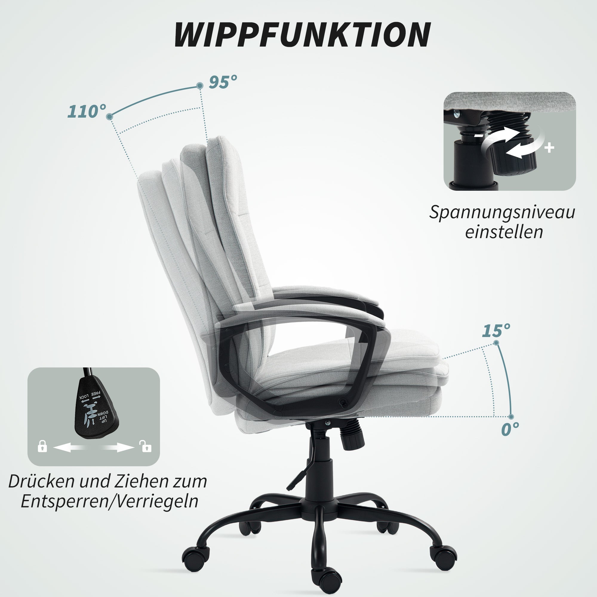 HOMCOM Bürostuhl, Schreibtischstuhl, Kippfunktion, höhenverstellbar, bis 120 kg, Grau