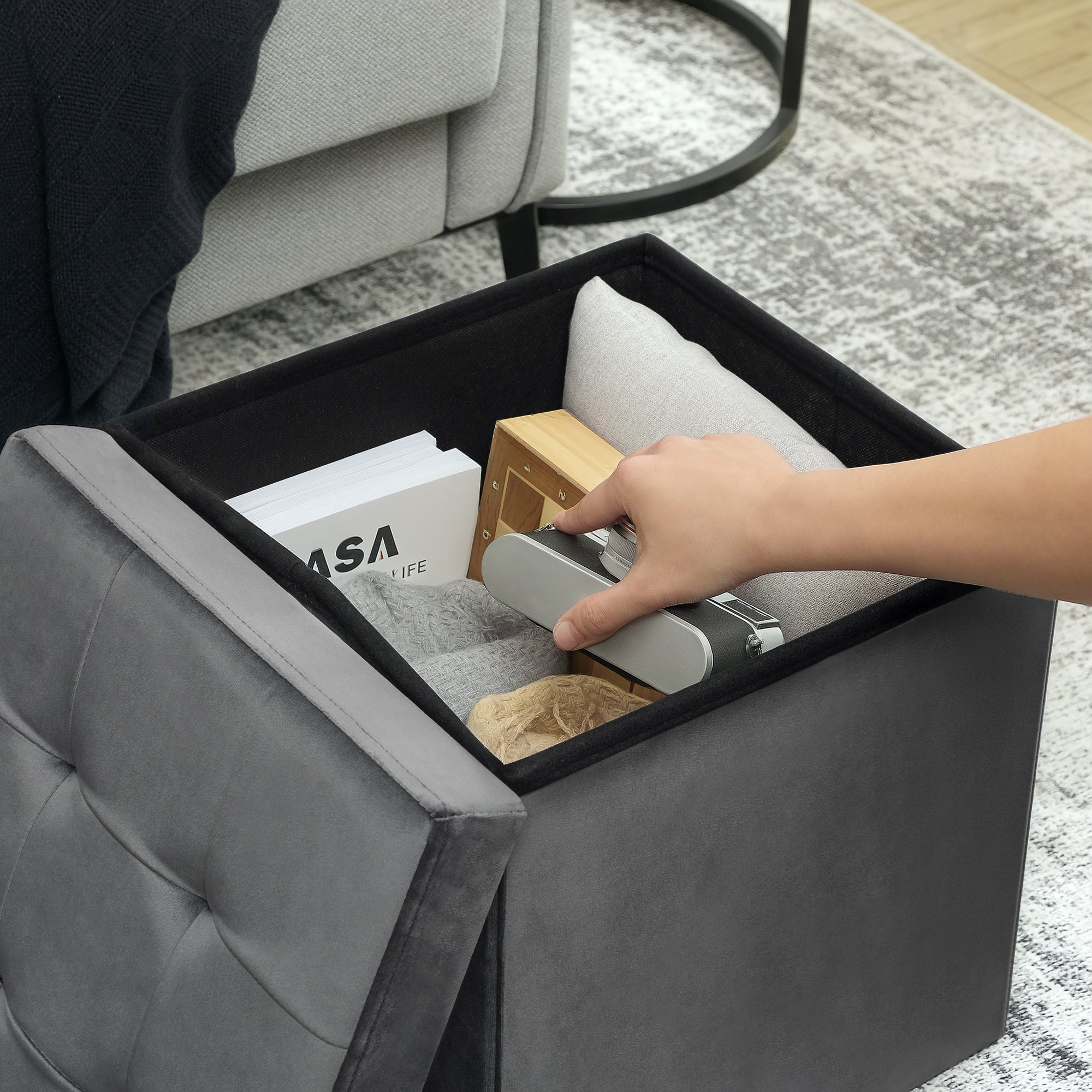 HOMCOM Klappbarer Sitzhocker mit Stauraum, Aufbewahrungsbox, Schaumstoff, MDF, Grau