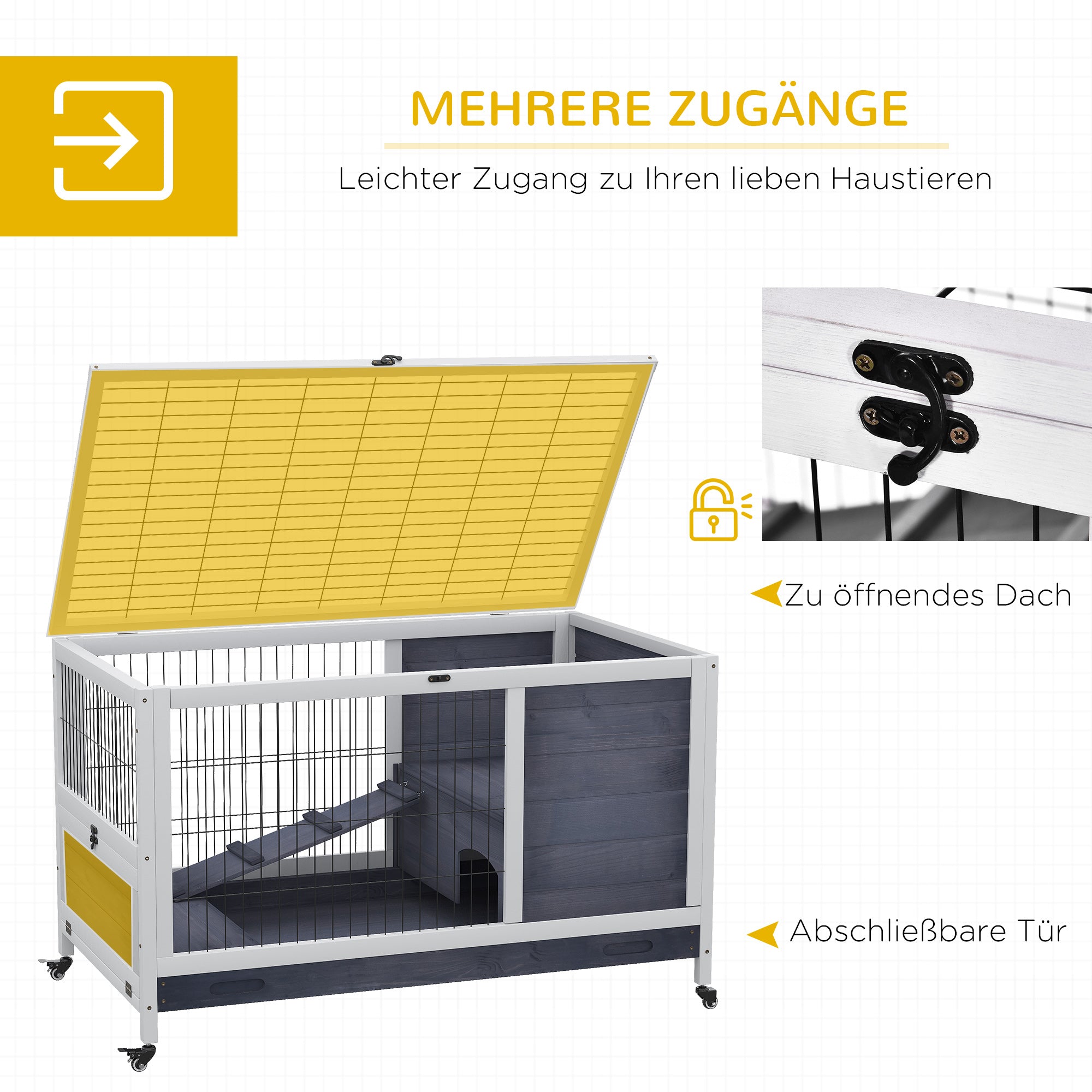 PawHut Kleintierstall mit Rädern Kleintierkäfig Meerschweinchenstall Meerschweinchenkäfig Kleintierhaus Tannenholz Dunkelgrau+Weiß 90 x 53 x 59 cm