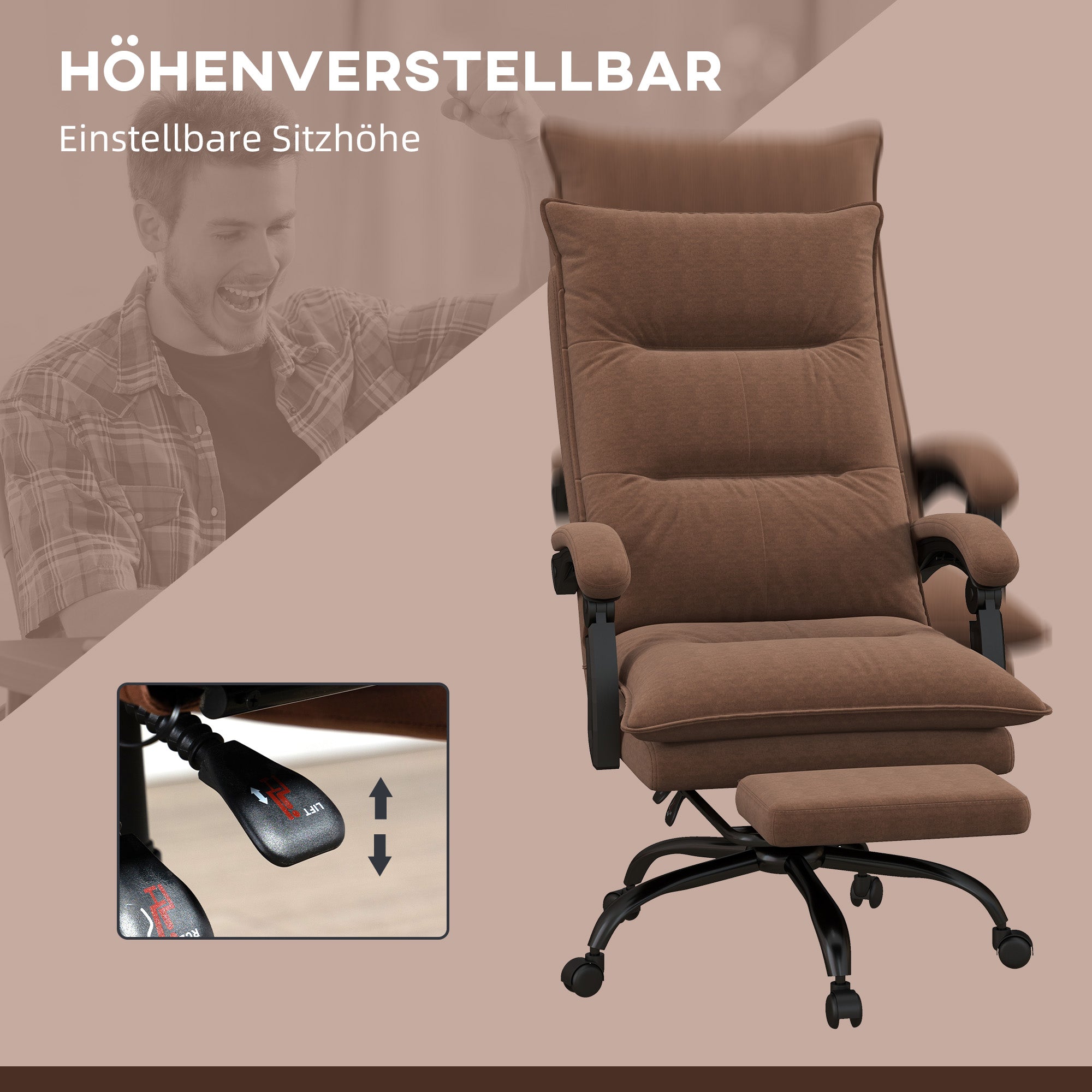 Vinsetto Bürostuhl mit Massage- und Heizfunktion, Fußstütze, verstellbar, bis 120 kg, Braun