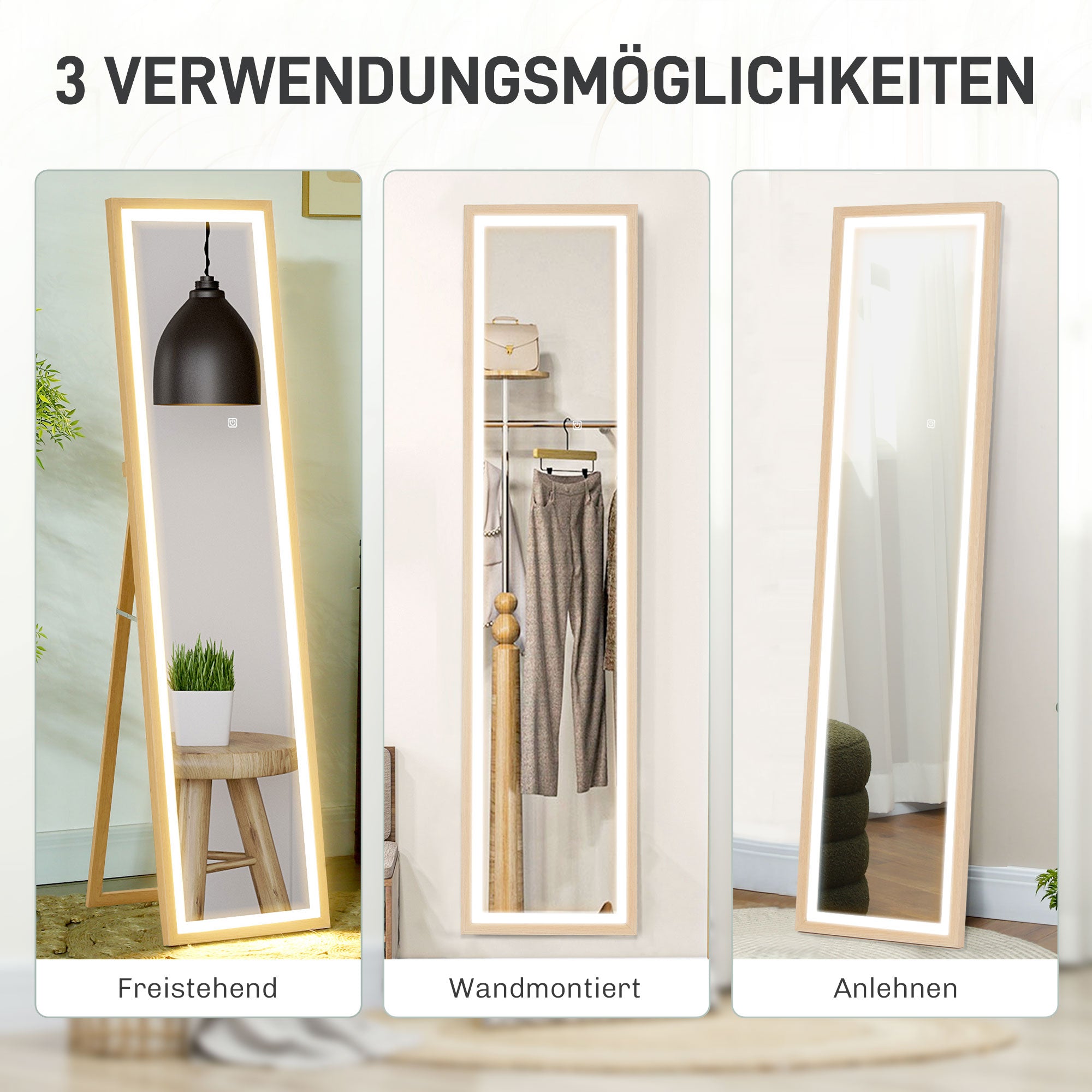 HOMCOM LED Ganzkörperspiegel, 40 x 160 cm, Touch-Steuerung, dimmbar, 3 Farben,  Eiche