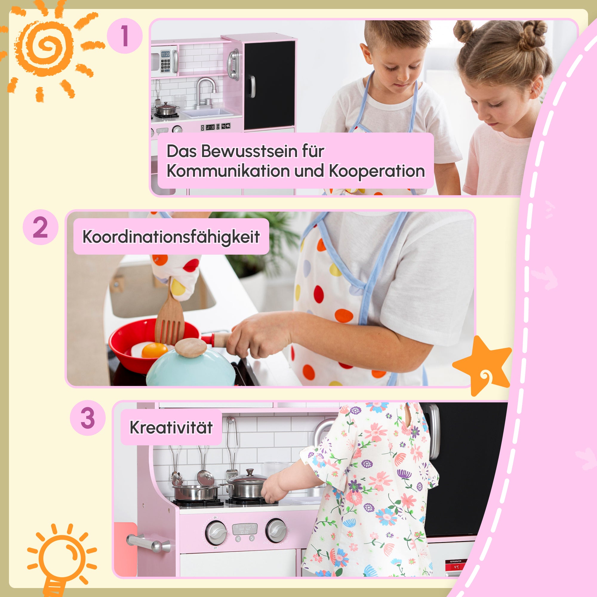 AIYAPLAY Spielküchen-Set mit Töpfen, Tafel, Telefon, Eismaschine, Herd, 83,8 x 26,8 x 81 cm, Pink