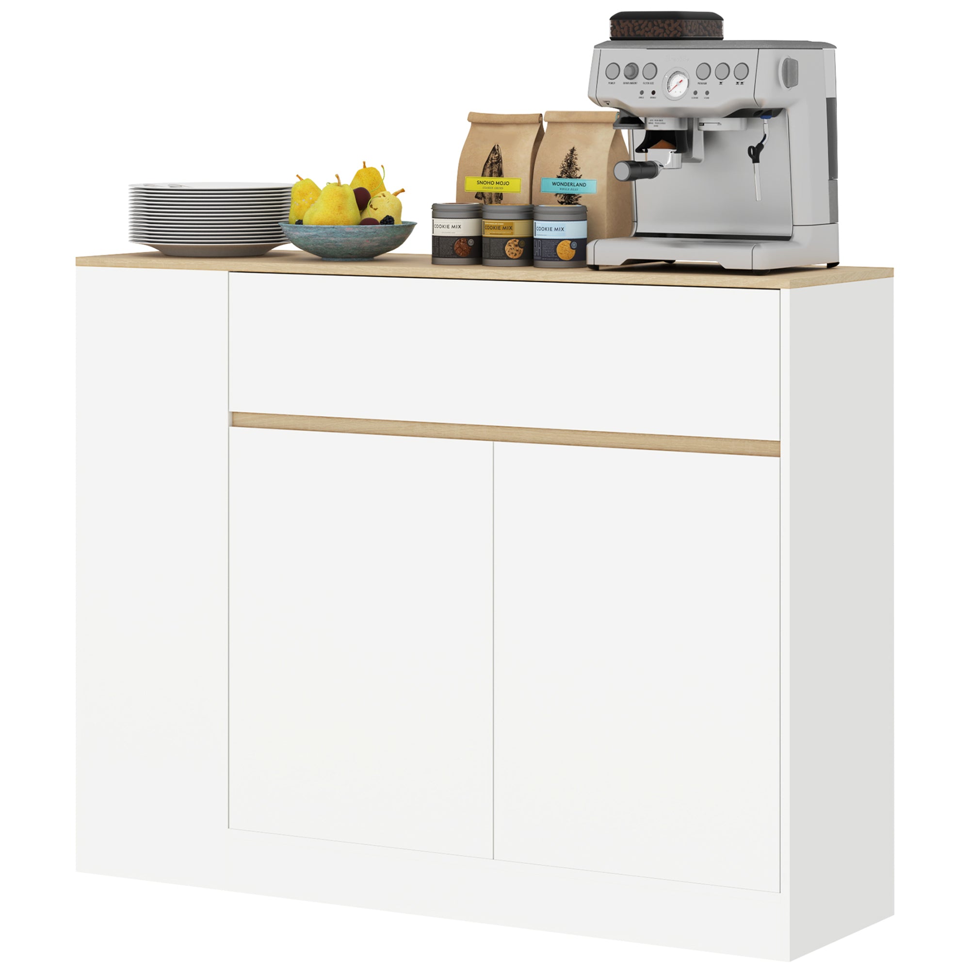 HOMCOM Sideboard, großes Schrankfach, 3 Ablagefächer, Schublade, 105 x 30 x 81,5cm, Weiß/Holz