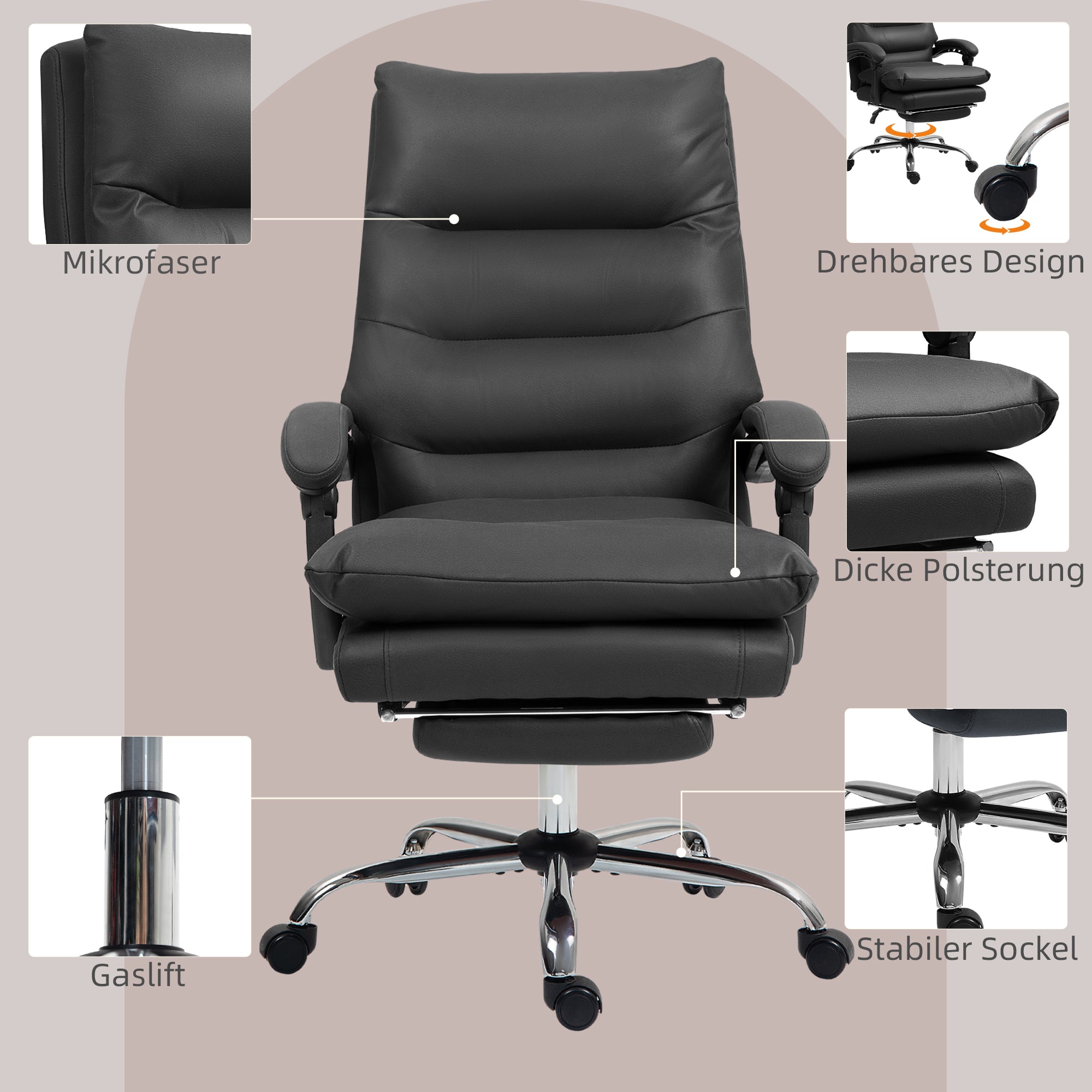 Vinsetto Bürostuhl mit Massagefunktion, beheizbar, neigbar, Kunstleder, 65x72x109-117cm, Schwarz