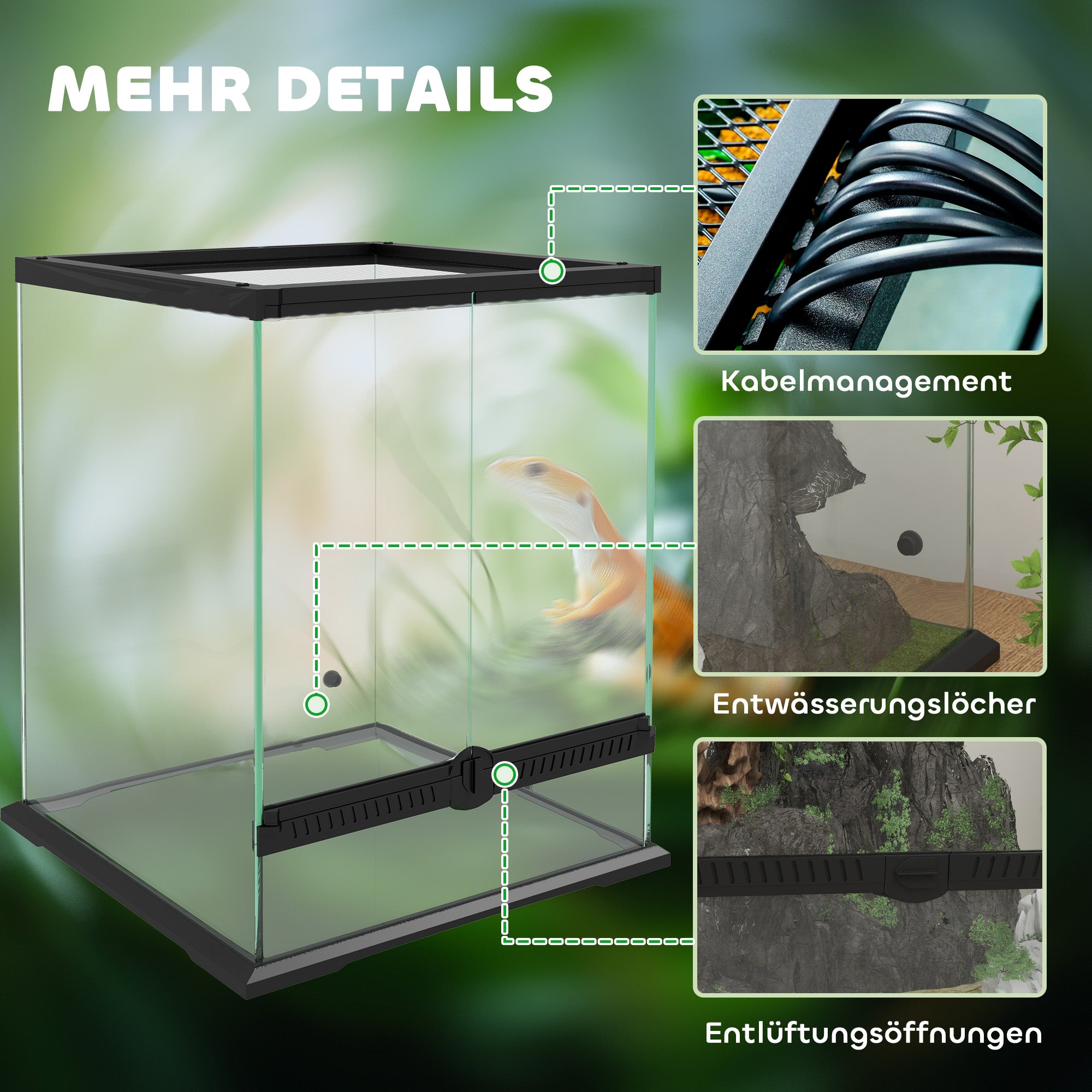 PawHut Terrarium, Glasgehäuse, verriegelbar, Kabelmanagement, 45x45x60cm, Schwarz