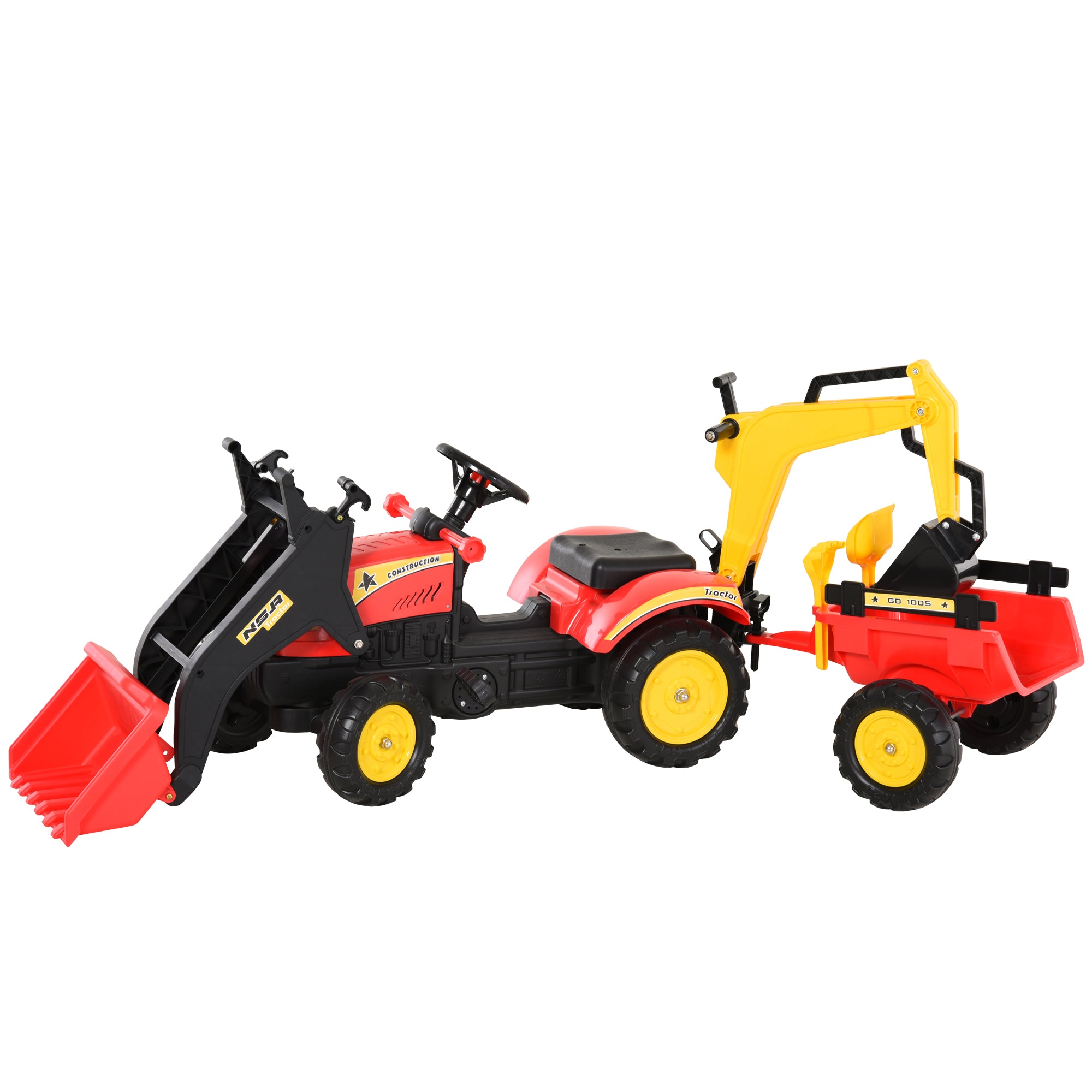 HOMCOM Trettraktor mit Anhänger, Frontlader, verstellbarer Schaufel, Traktor Tretfahrzeug für Kinder ab 3 Jahren Rot