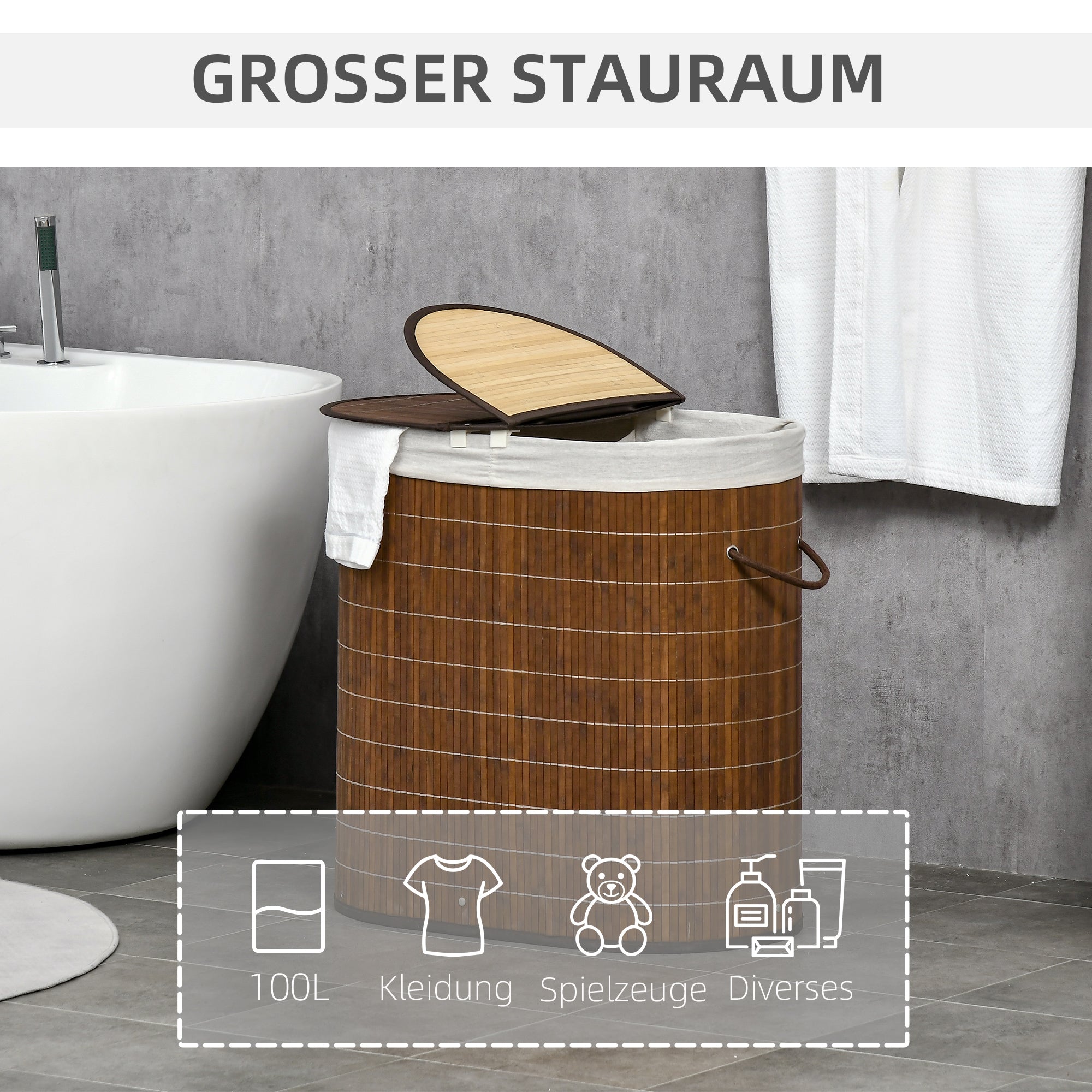HOMCOM Wäschekorb Wäschesammler, 100L Fassungsvermögen, abnehmbarer Deckel, 38 cm x 38 cm x 57 cm, Braun