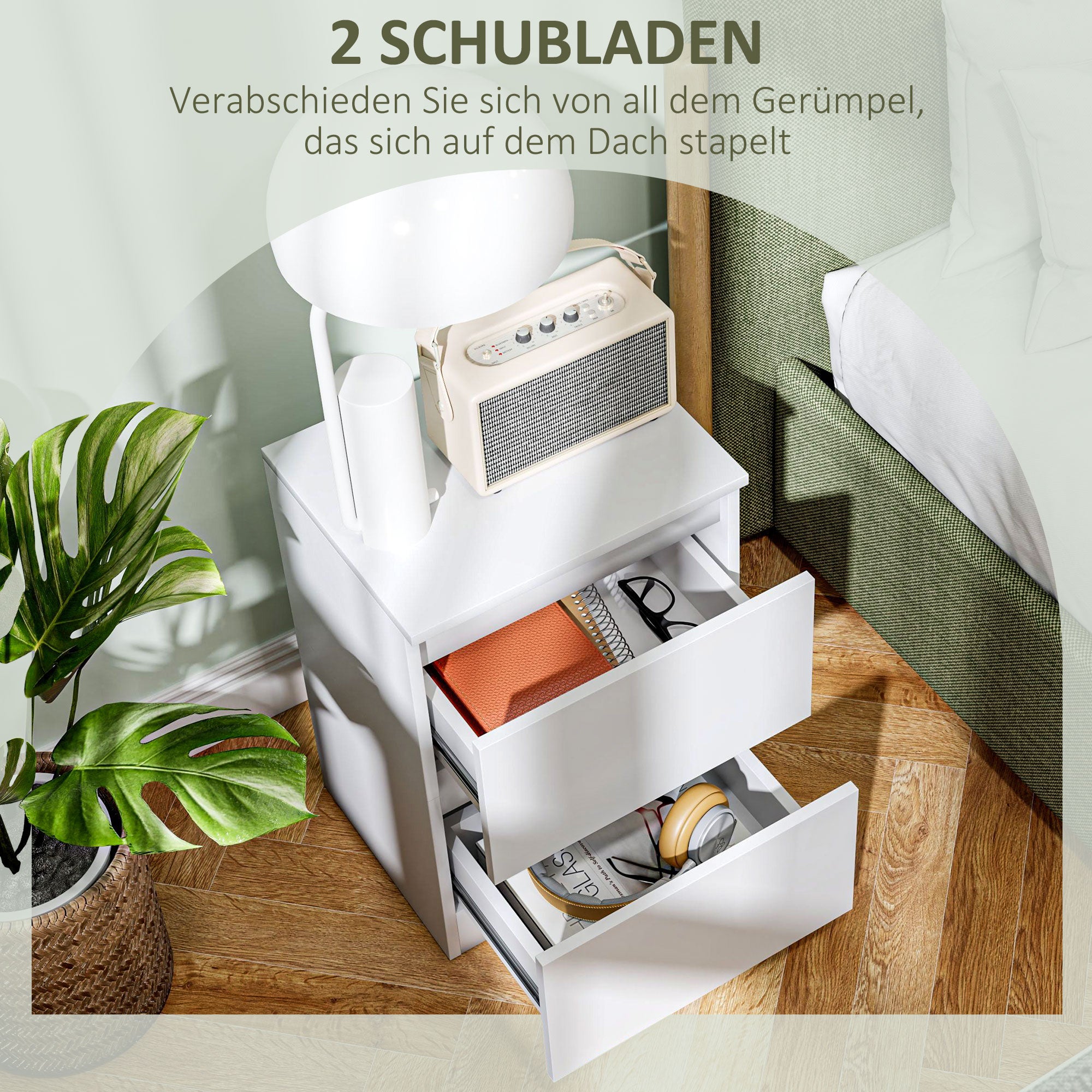 HOMCOM Nachttisch mit 2 Schubladen, Beistelltisch mit Stauraum, für Wohnzimmer, Schlafzimmer, Weiß