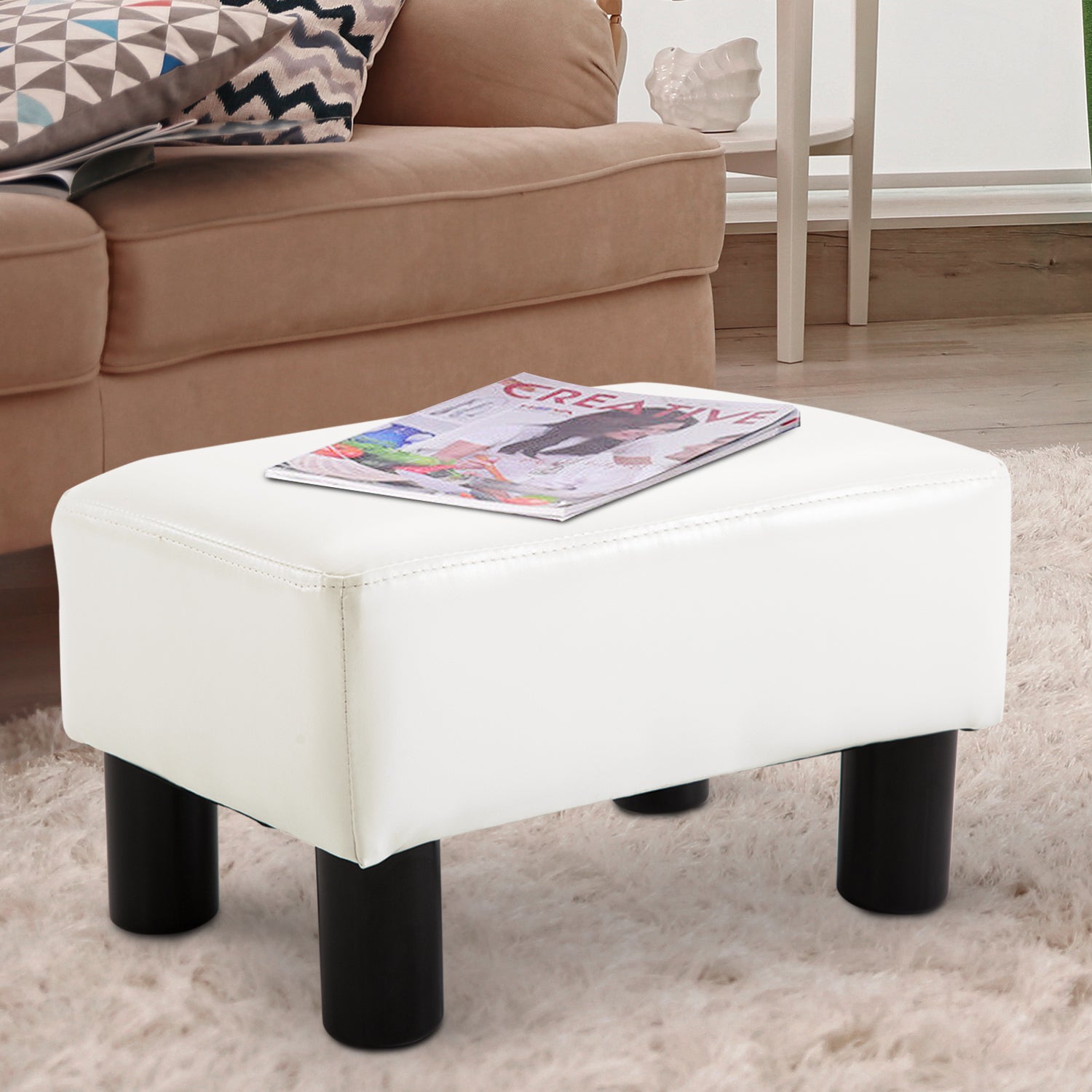 HOMCOM Sitzhocker Hocker mit Kunstleder Moderner Fußhocker Kunstlederhocker Ottomane für Schlafzimmer, Wohnzimmer, Weiß