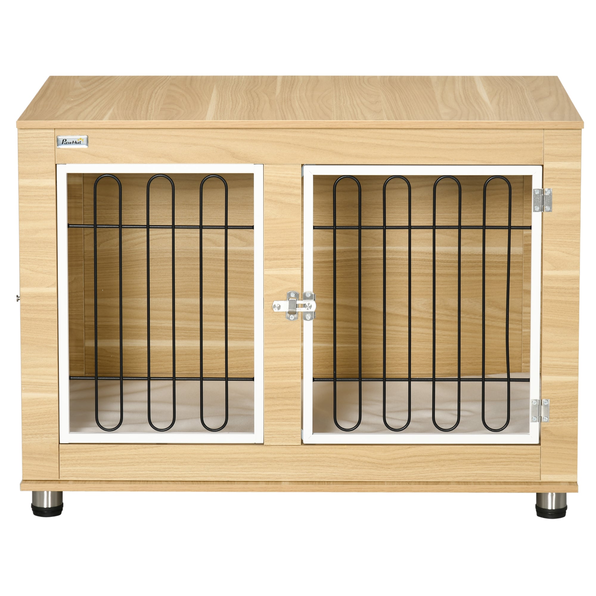 PawHut Hundekäfig, waschbares Kissen, Hundebox, 2 Verriegelungen, 90 cm x 58 cm x 65 cm, Natur + Schwarz + Weiß