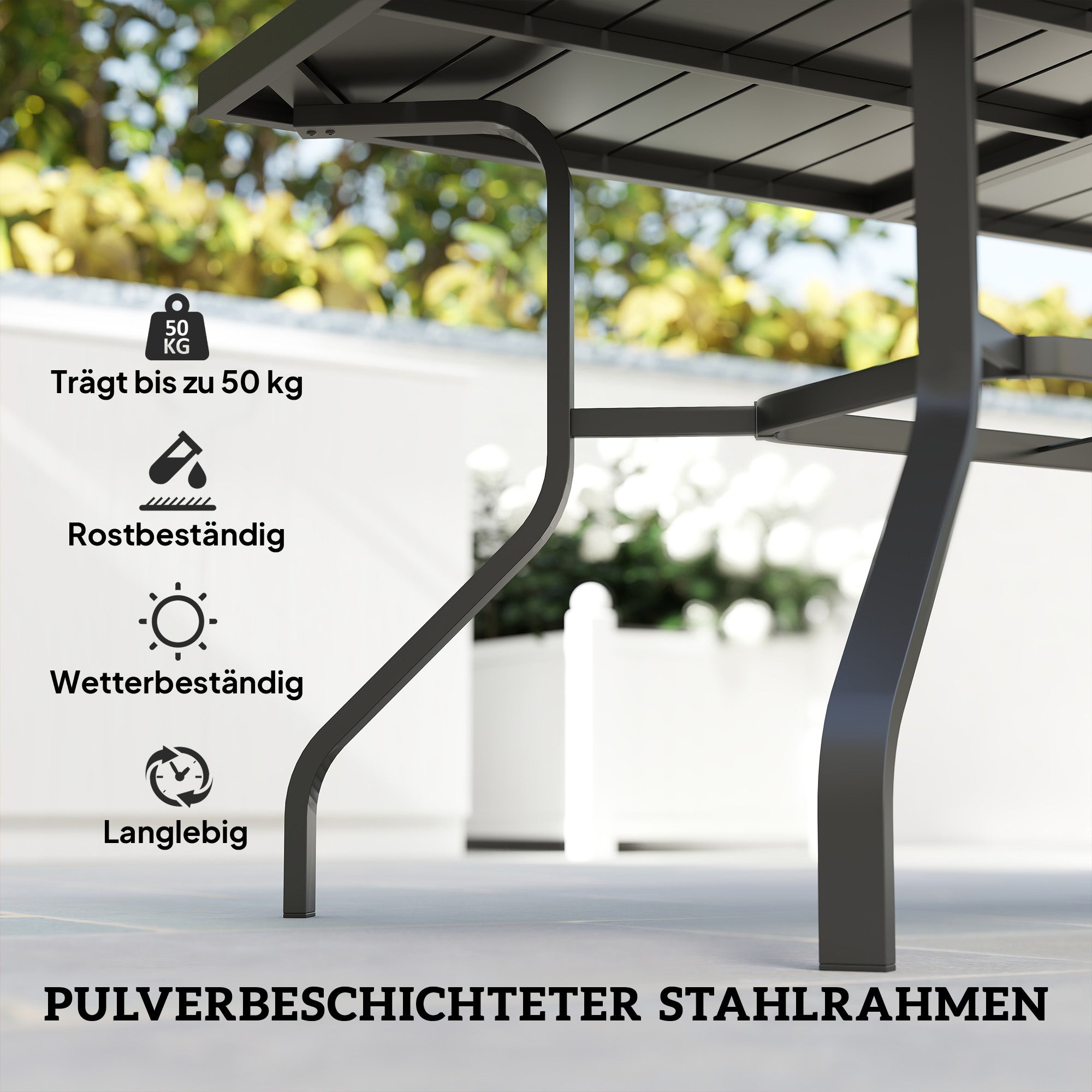 Outsunny Gartentisch 152x90 cm, Wetterfest Balkontisch aus Stahl, Beistelltisch mit Schirmloch, Latten-Design Schwarz