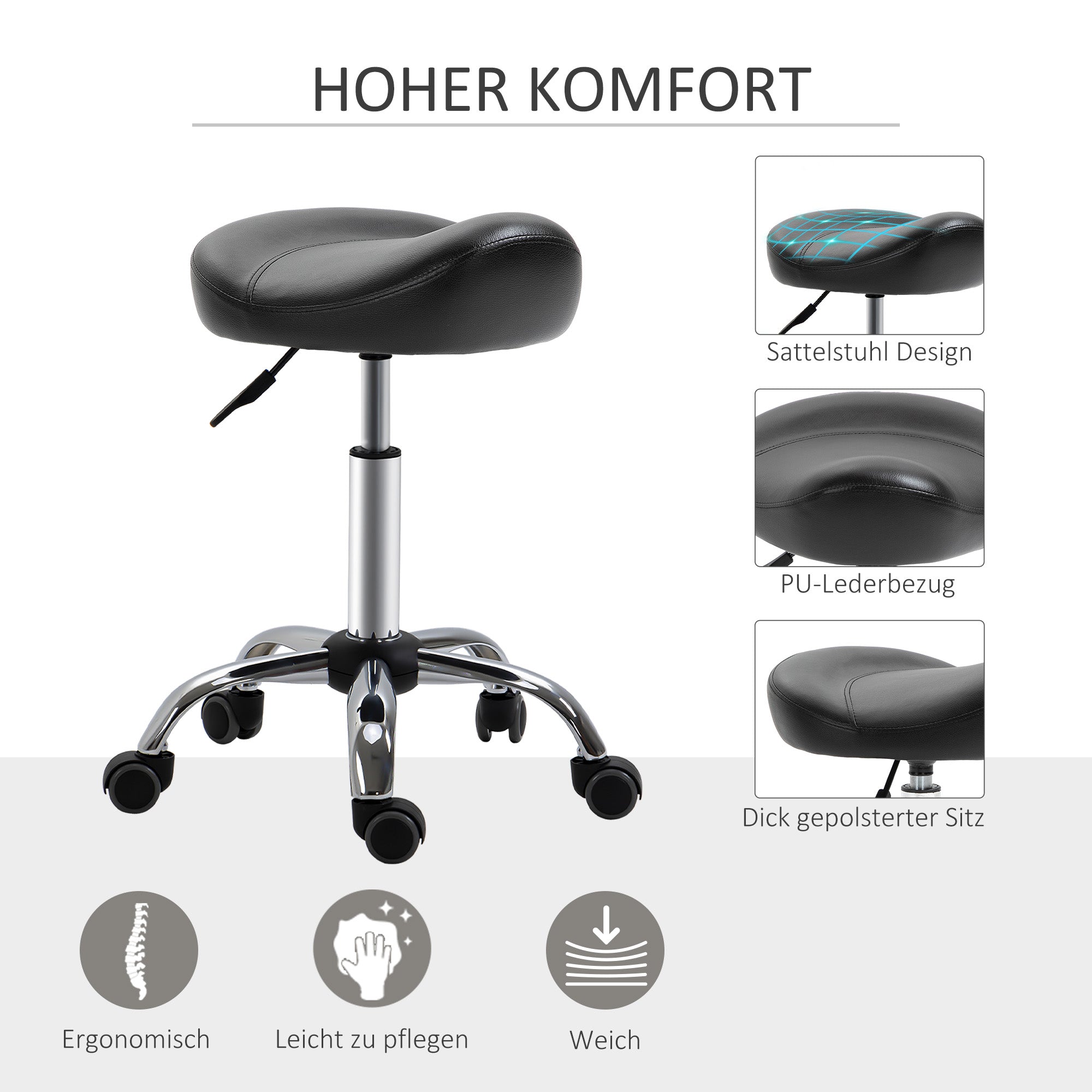 HOMCOM Salonhocker mit Sattelsitz, höhenverstellbar, Kunstleder, 48x48x54-69cm, Schwarz