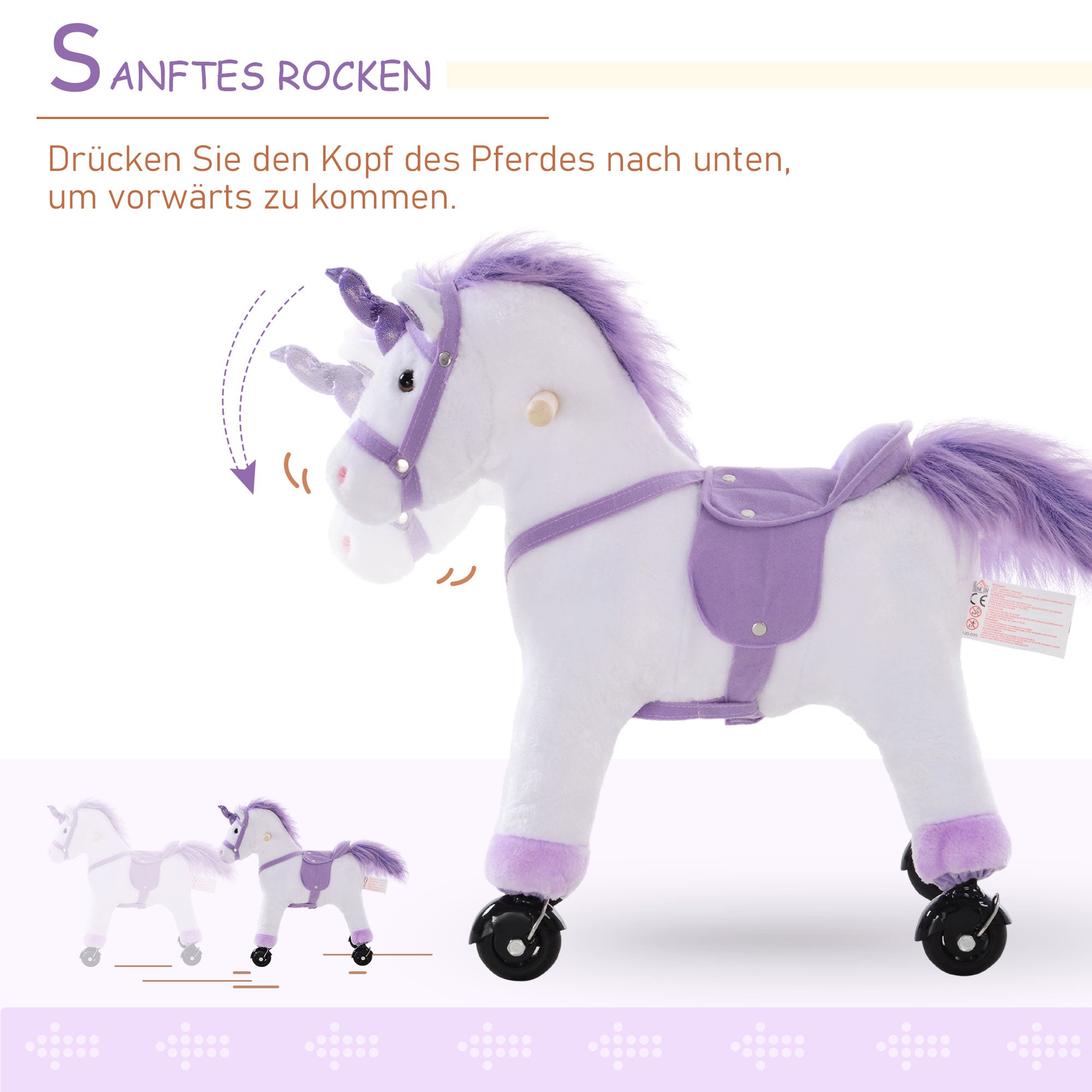 HOMCOM Reitpferd auf Rollen Spielpferd Reittier  Wiehern Plüsch Lila 55 x 23 x 60 cm