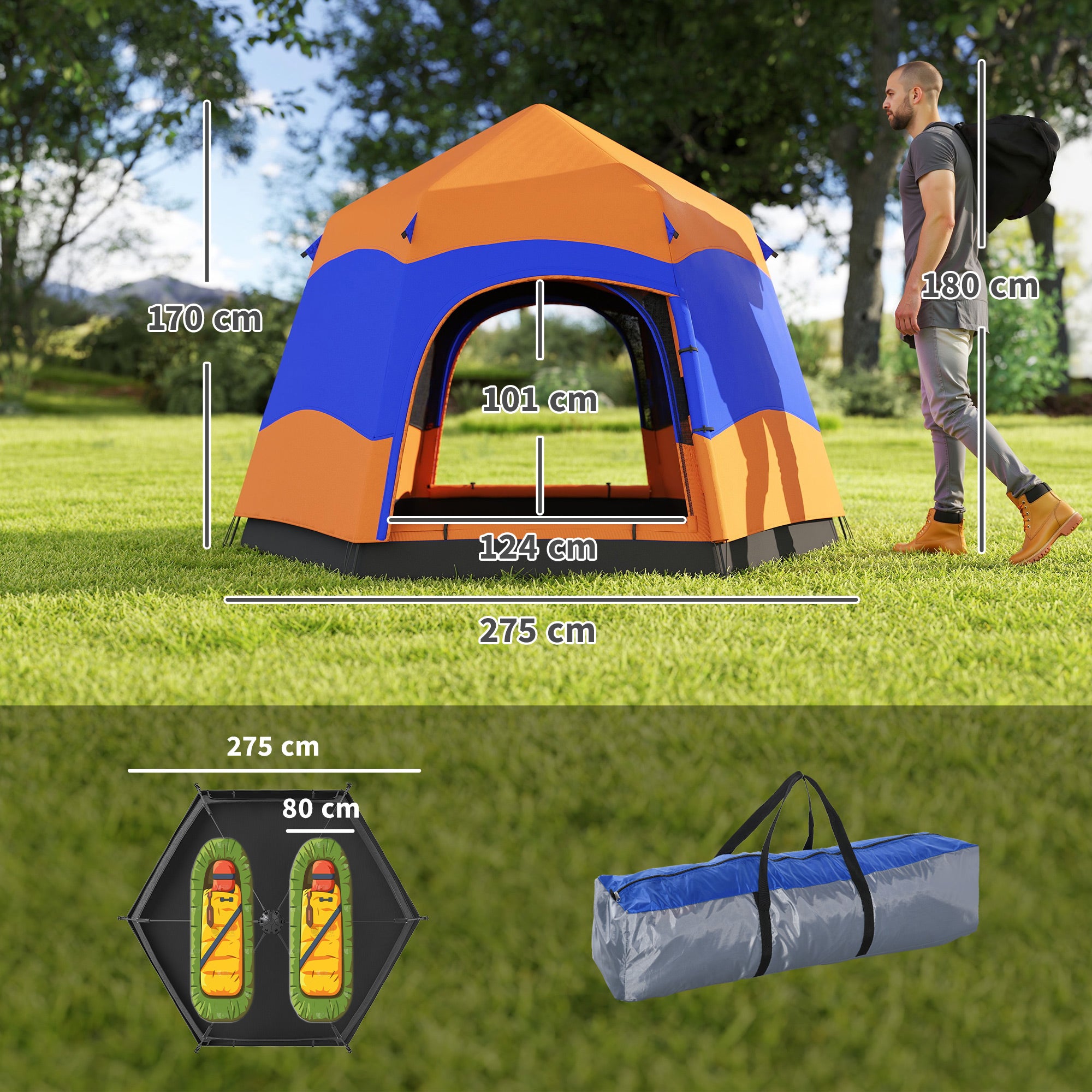 Outsunny Doppellagiges Instant-Pop-Up-Zelt mit Regenschutz, Outdoor Familienzelt für 4 Personen wasserdicht sechseckig 4 Jahreszeiten Kuppelzelt mit Bodenplane 2 Türen Moskitonetz Tragetasche Orange