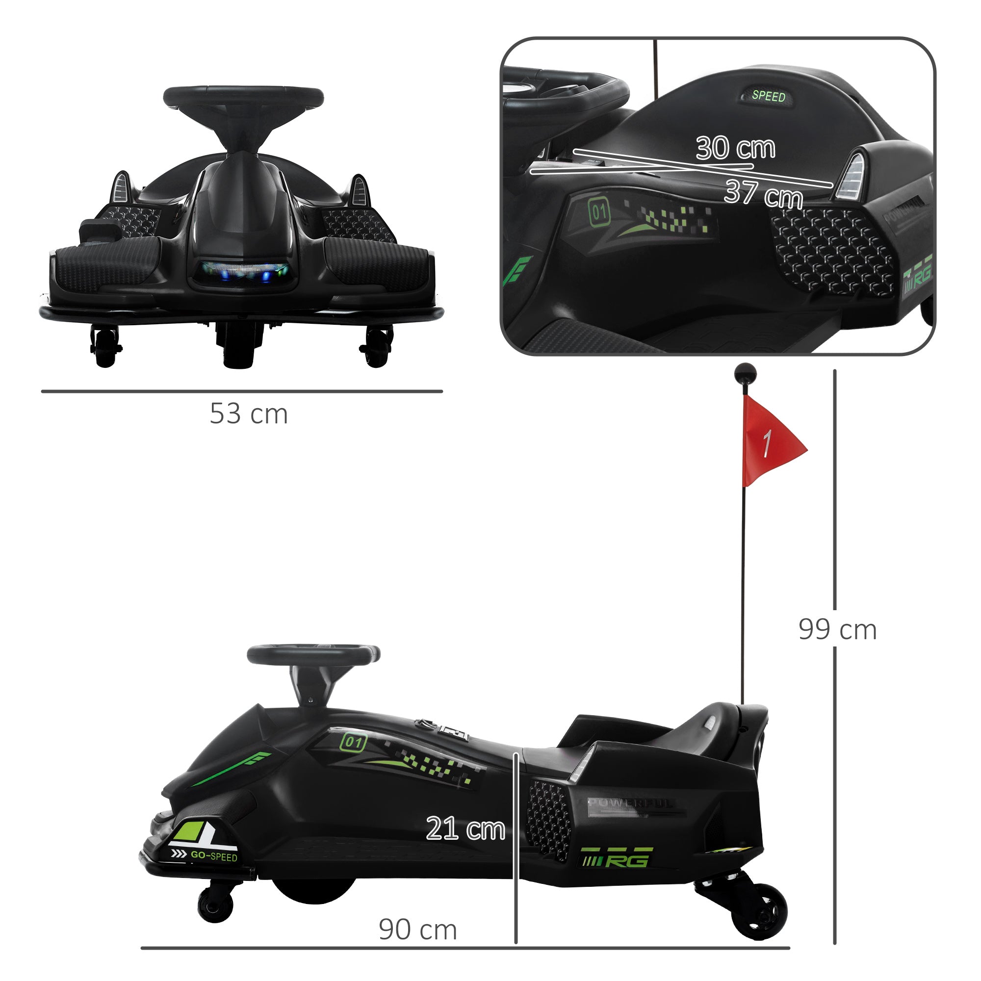 HOMCOM Elektrisches Go-Kart für Kinder, Gummiräder, 3-8 km/h, mit Lichtern und Musikfunktion, Schwarz