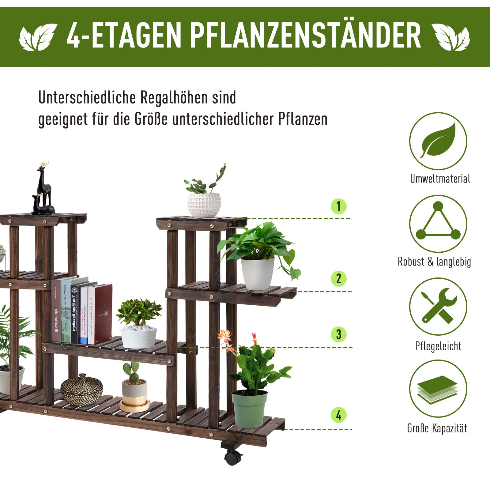 Outsunny Blumentreppe 6 Regale 4 Rollen 123,5 cm × 33 cm × 80 cm Massivholz Braun 123,5 cm × 33 cm × 80 cm