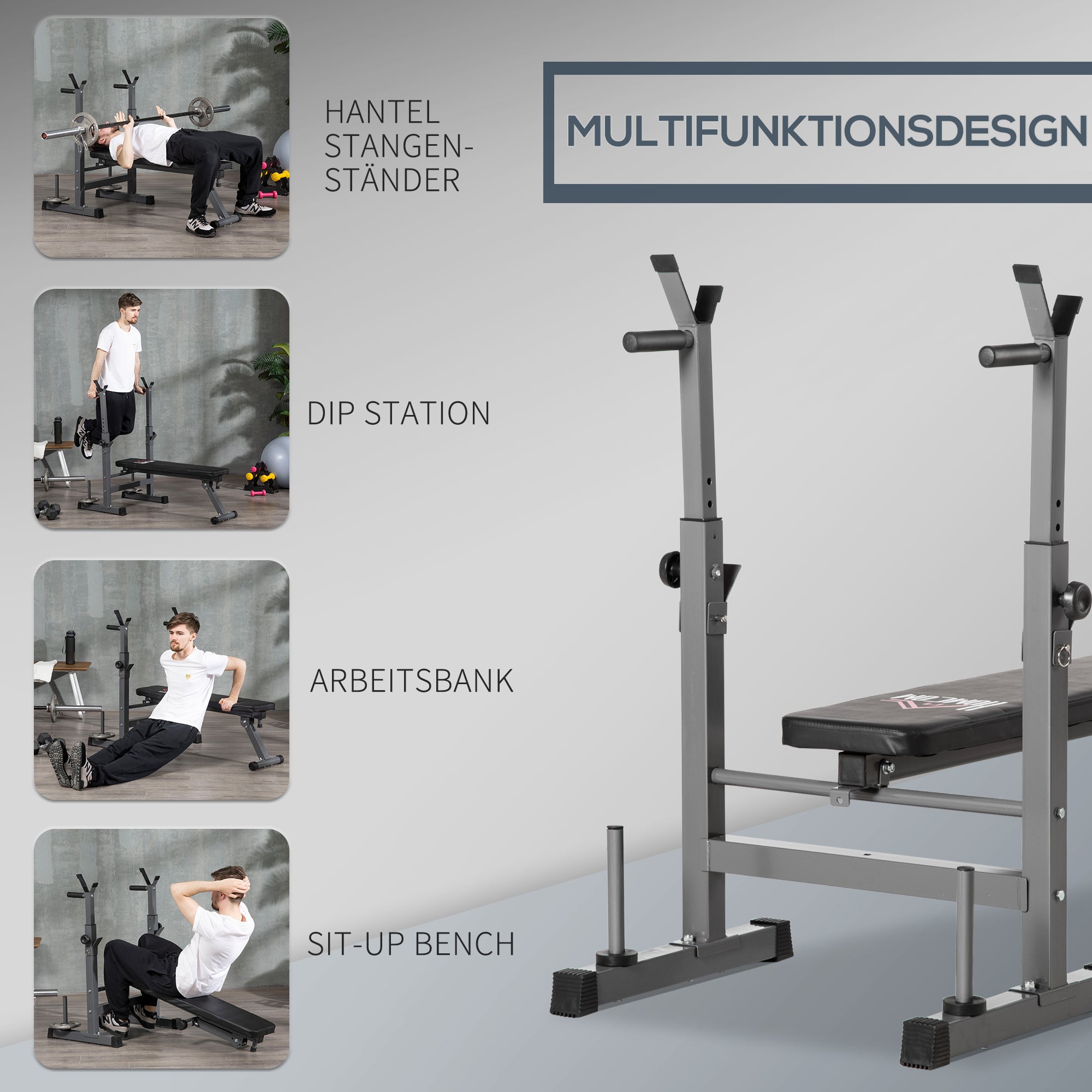 HOMCOM Hantelbank, 8 Positionen, klappbar, Stahlbasis, gepolstert, Kunstleder, 98-122H x 140L x 73B cm, Schwarz/Grau