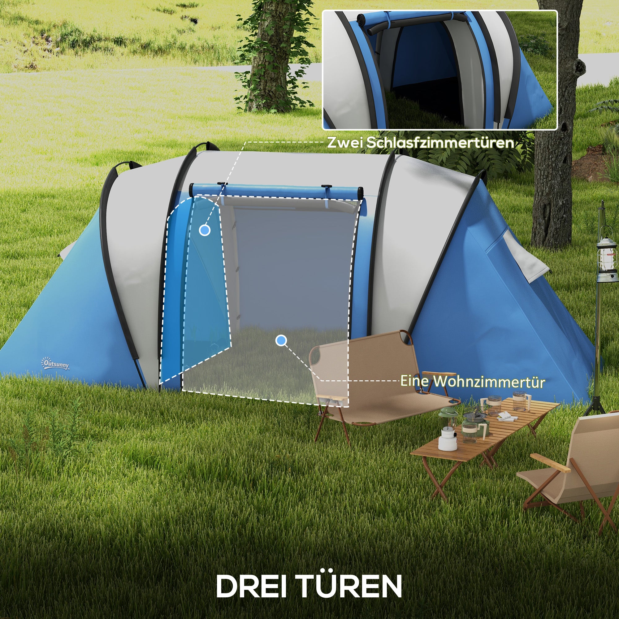 Outsunny Campingzelt für 4-5 Personen leicht wasserabweisend Familienzelt mit 3 Zimmer Seitentür Fenster Blau