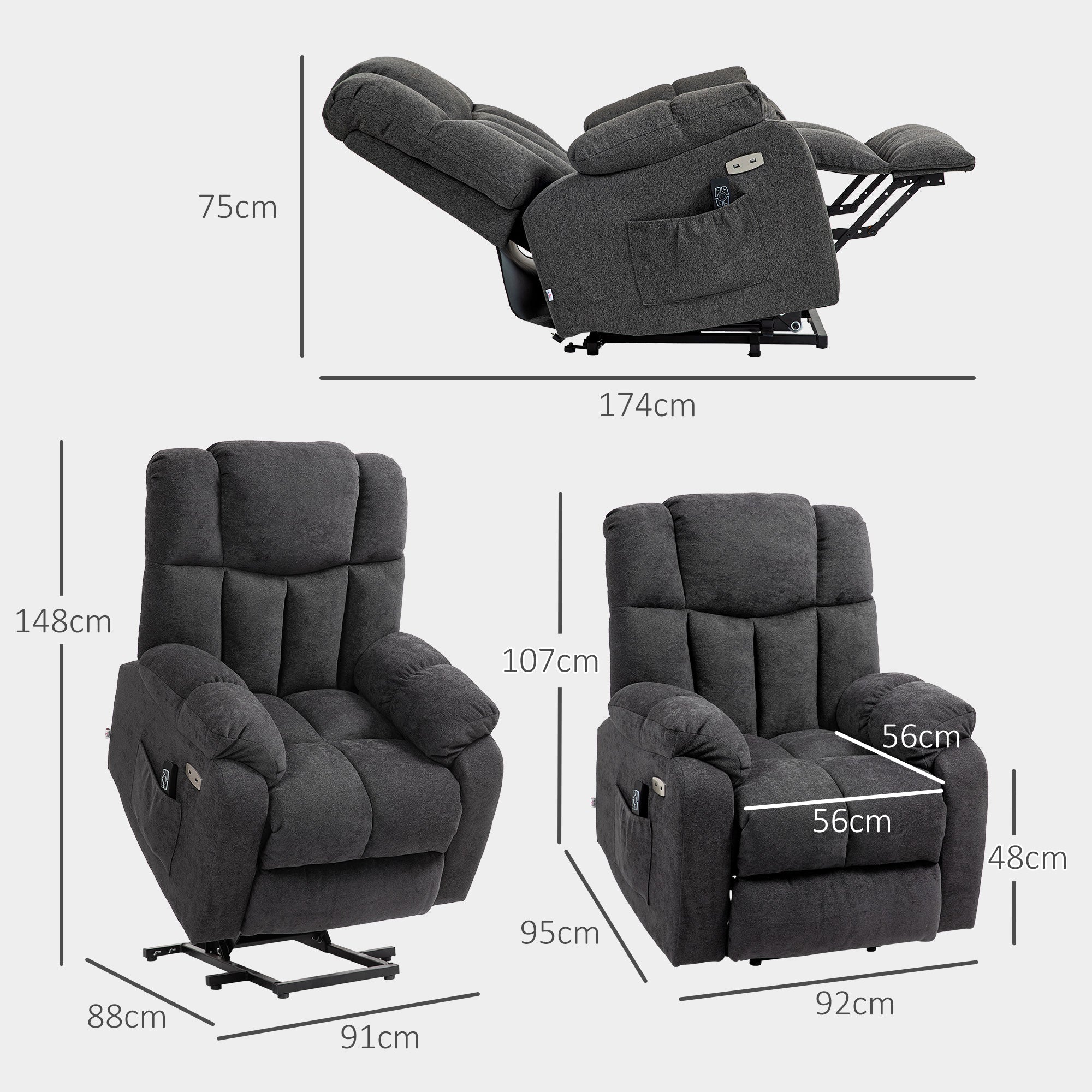 HOMCOM 2-in-1 Relaxsessel mit Liegefunktion, USB-Anschlüsse, Taschenfederkern, Schwarz