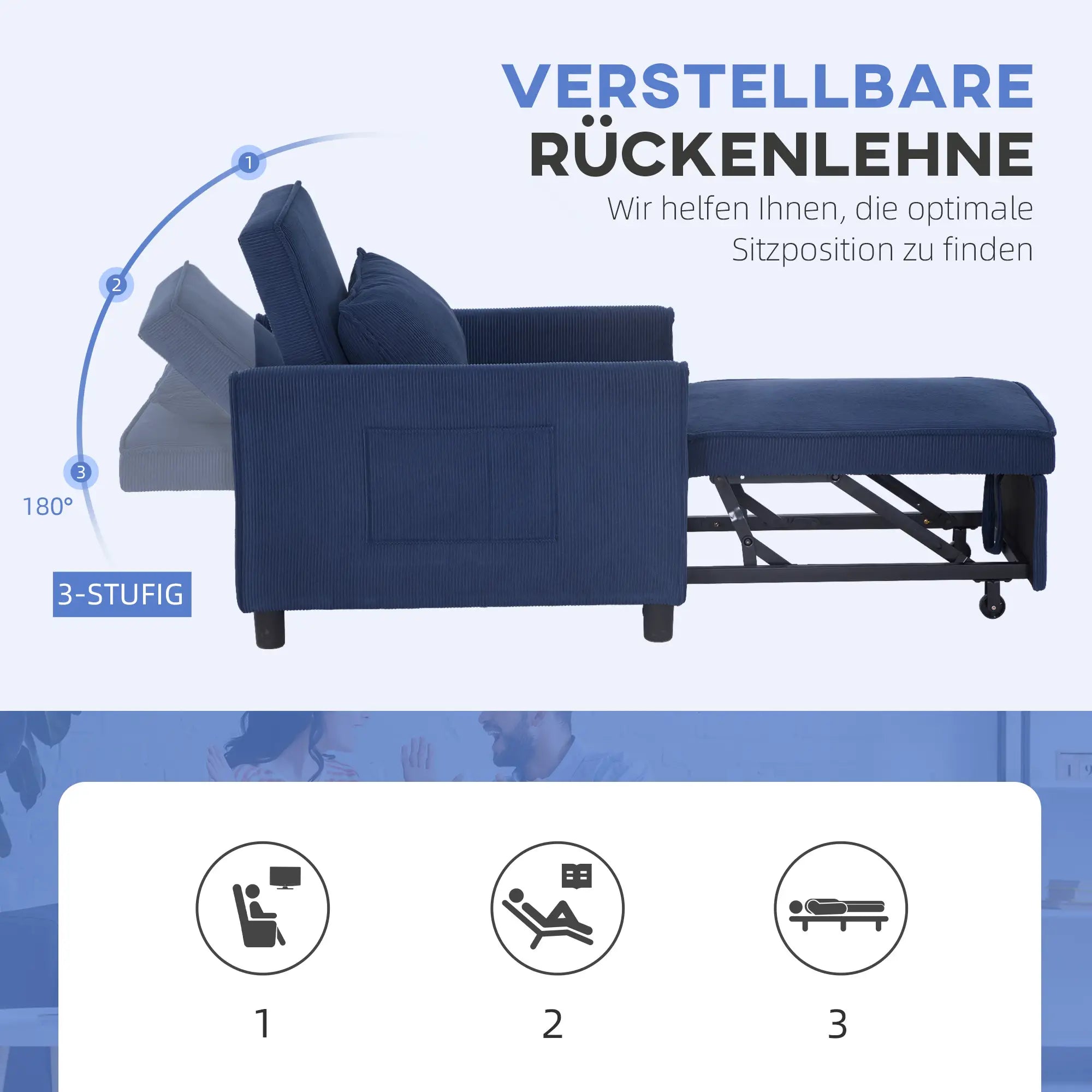 HOMCOM Schlafsessel, verstellbar, 3 Positionen, Cordbezug, bis 120 kg, Blau