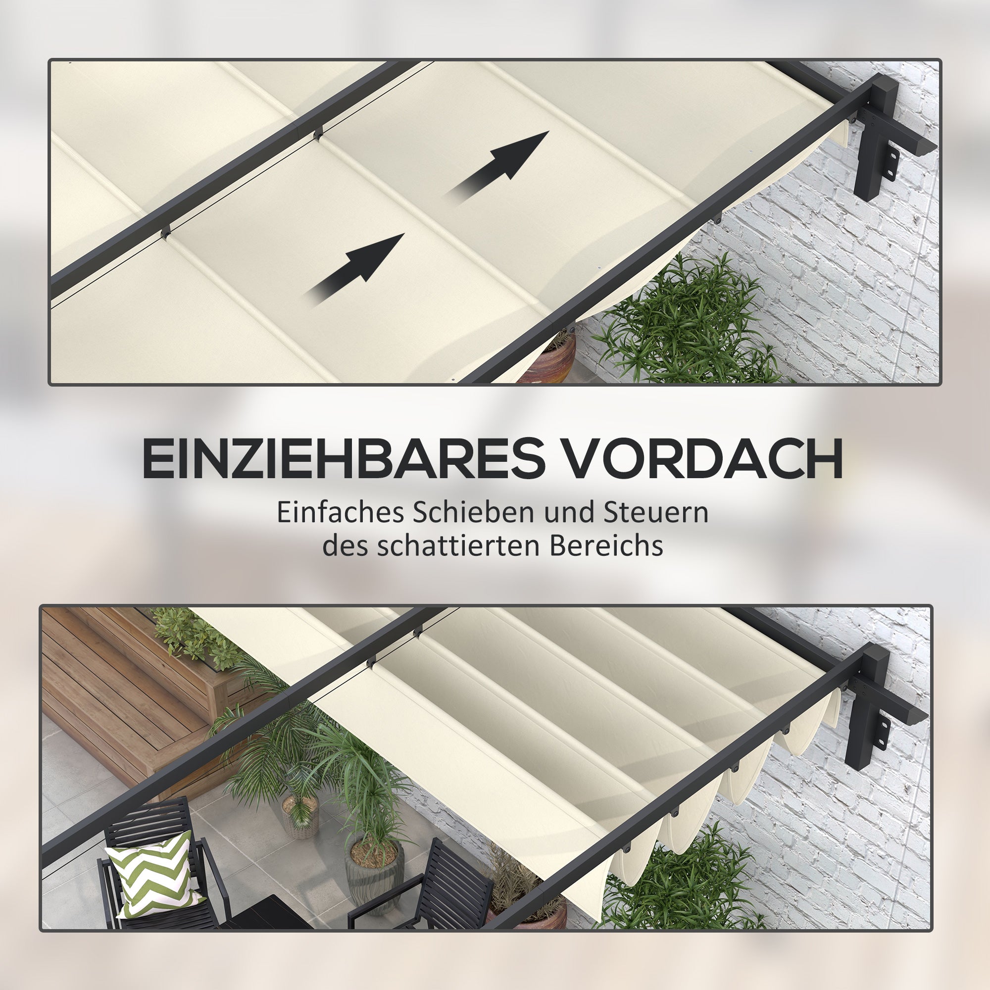 Outsunny Gartenpavillon 3 x 3m, einziehbares Dach, Wandmontage, Metallrahmen, Cremeweiß