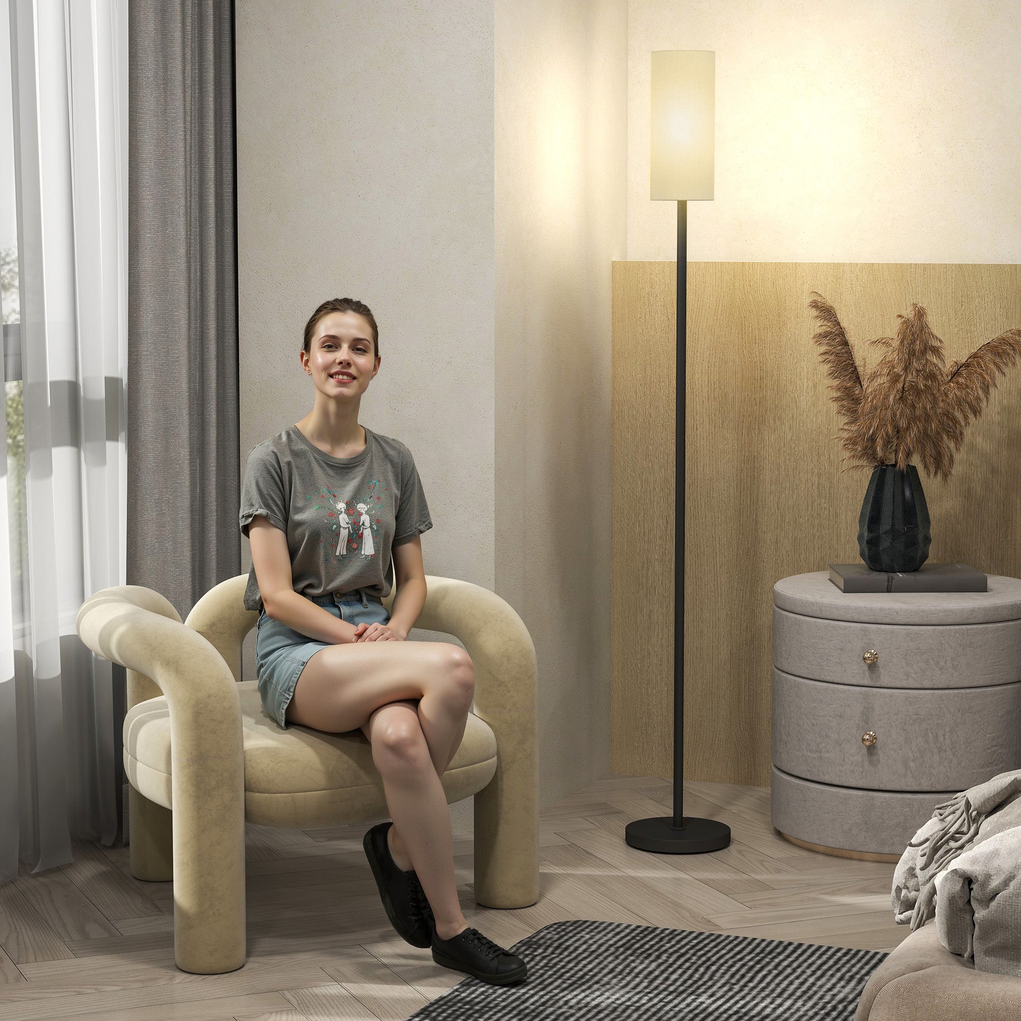 HOMCOM Stehlampe, Schirm in Leinenoptik, Metallstange, Fußschalter, Weiß