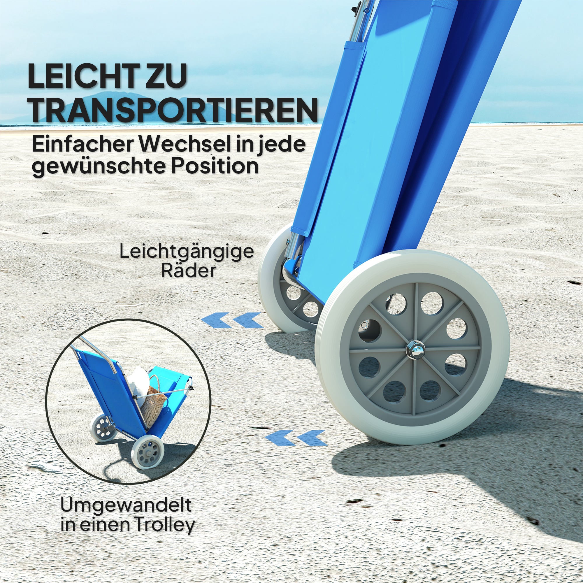 Outsunny Sonnenliege klappbar Gartenliege mit Kopfkissen Dach, Rolle Liegestuhl mit verstellbare Rückenlehne Blau