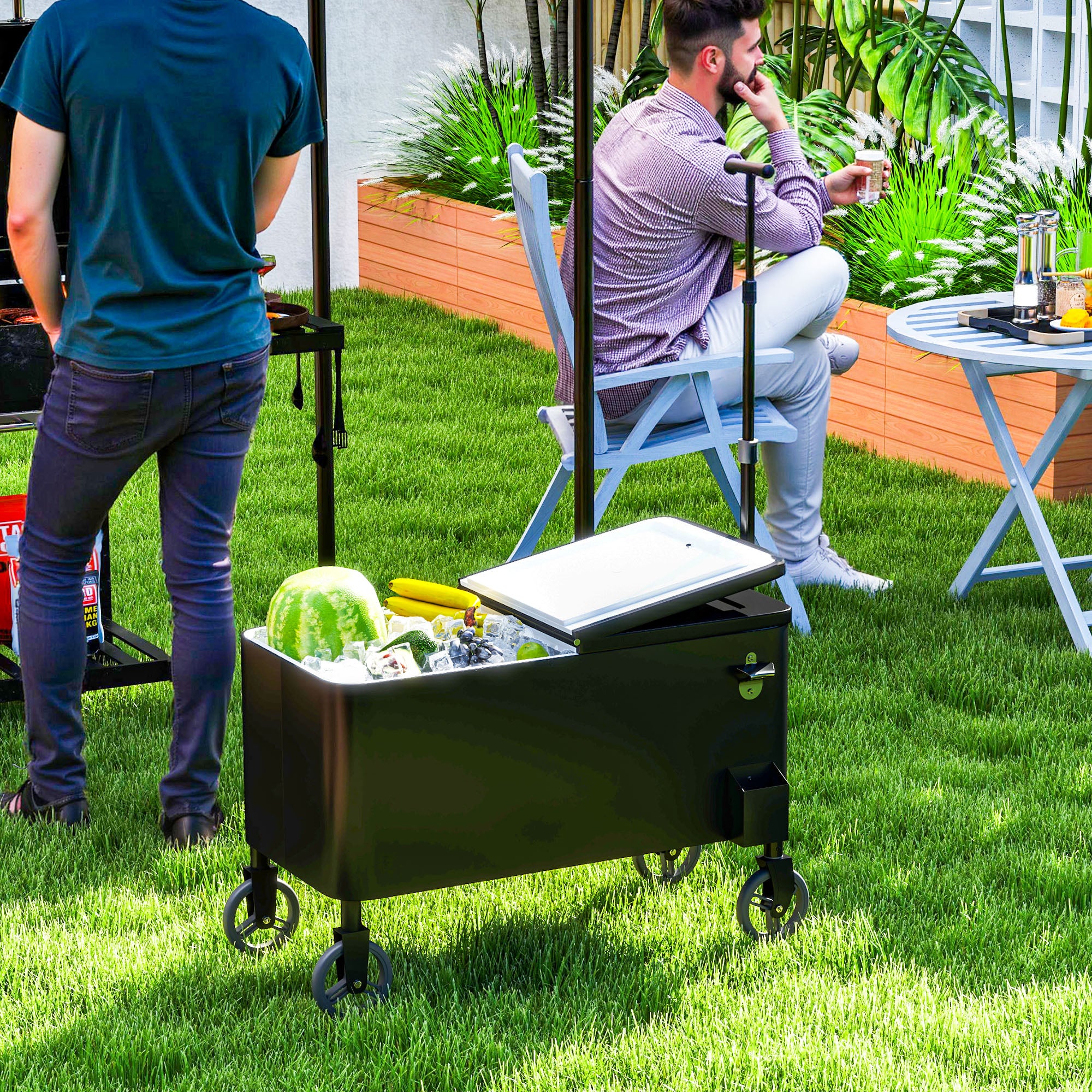 Outsunny 76L Kühlwagen Servierwagen mit Rädern Flaschenöffner Deckel Griffe Fahrbare Kühlbox Schwarz