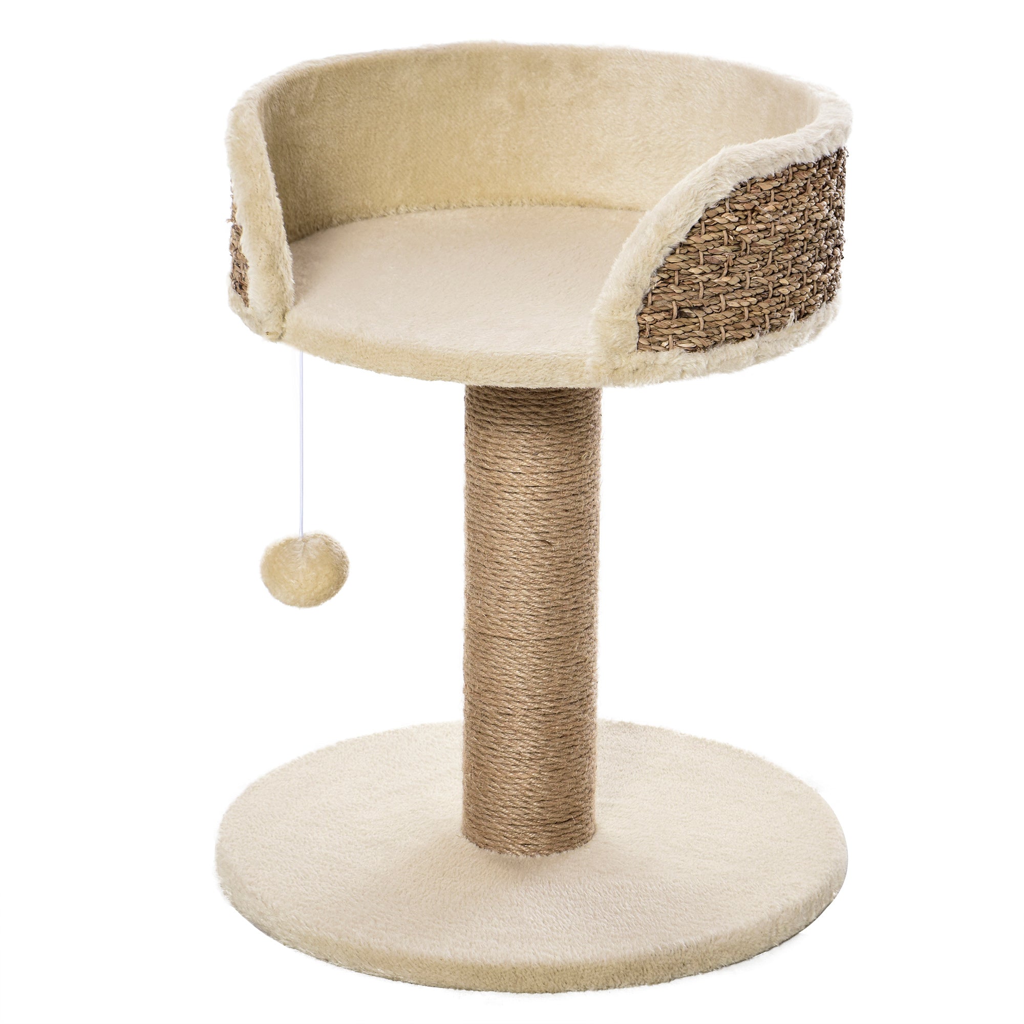 PawHut Kratzbaum Katzenbett Katzenkorb, inkl. Spielball, 40 cm x 40 cm x 49cm, Natur + Cremeweiß