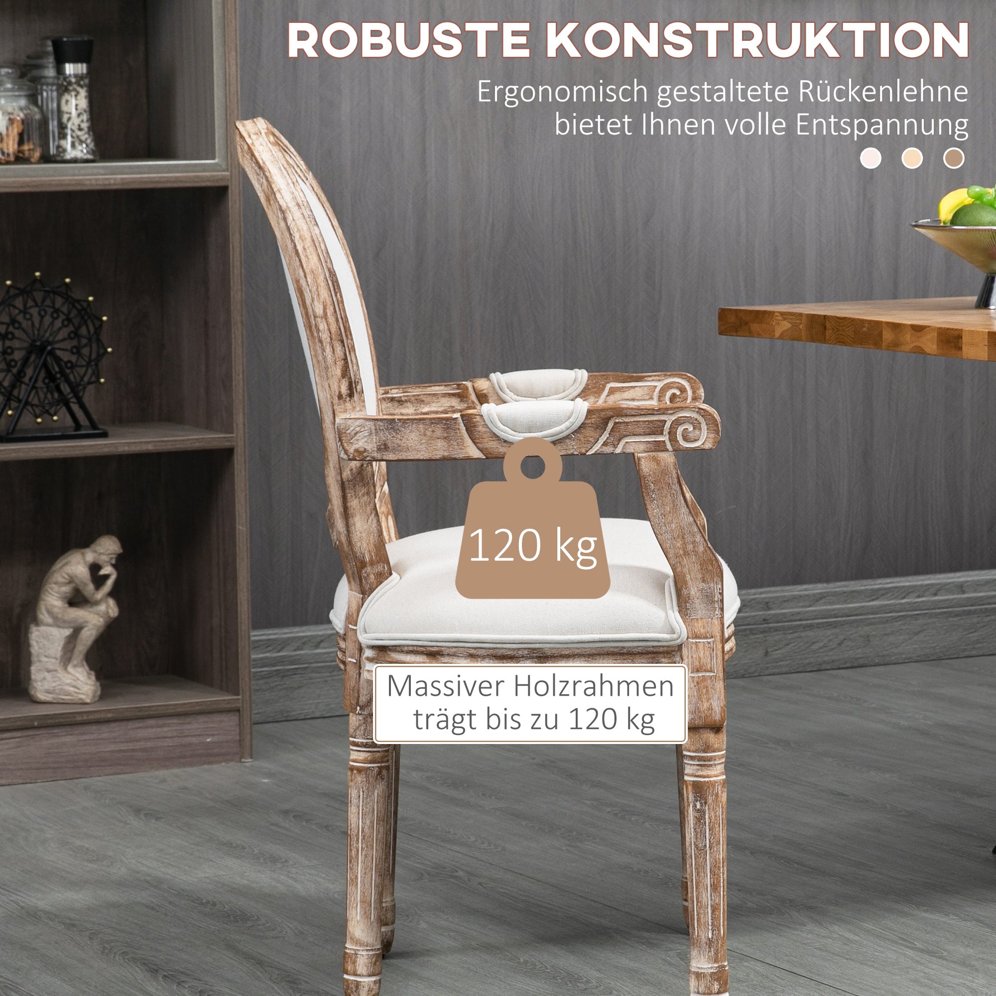 HOMCOM Küchenstuhl mit Armlehnen Polsterstuhl Esszimmerstuhl Retro-Design im Leinen-Optik für Wohnzimmer Gummiholz Cremeweiß+ helle Holzfarbe 56 x 56 x 96 cm