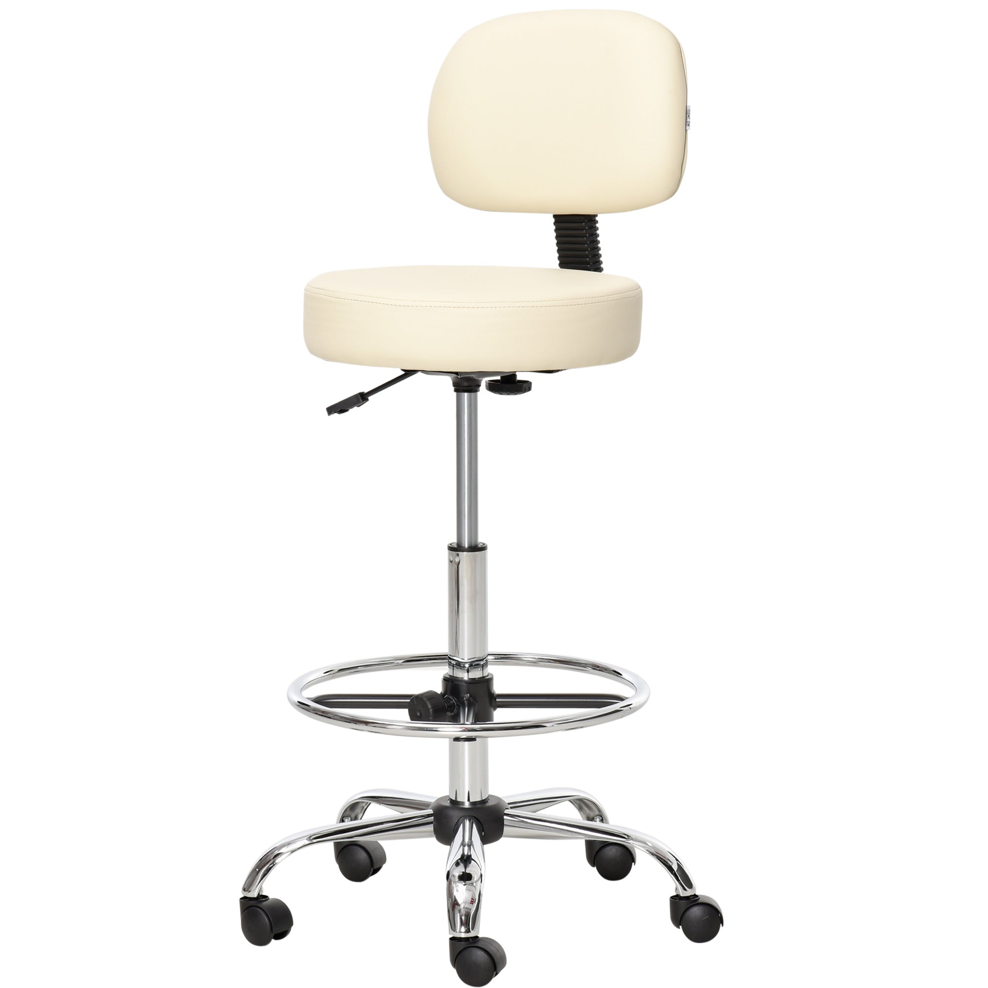 HOMCOM Barhocker Drehstuhl Höheverstellbarer Barstuhl mit Rollen aus Kunstleder-Leder Arbeitshocker Bürohocker 360° schwenkbar mit Lehne Gepolstertet Beige 56 x 57 x 104-127 cm